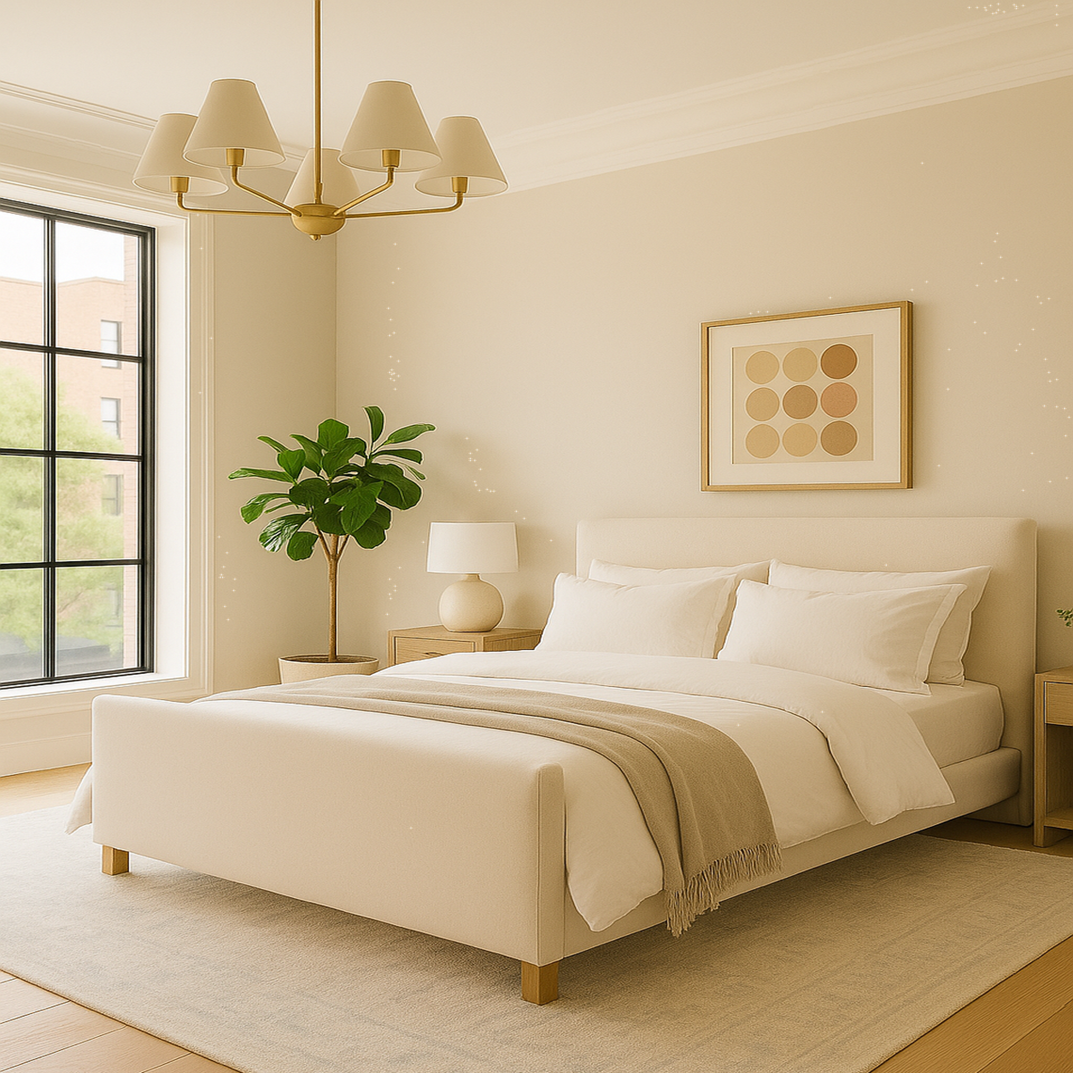 Huntington Queen Bed with upholstered headboard in neutral bedroom setting with natural light GO HOME