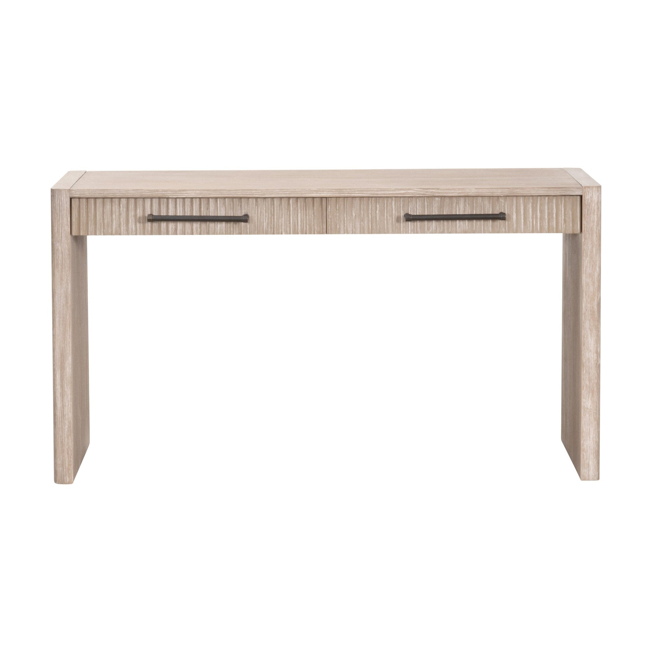 Halloway 2-Drawer Console Table in natural gray acacia wood with antique bronze handles by Essentials For Living