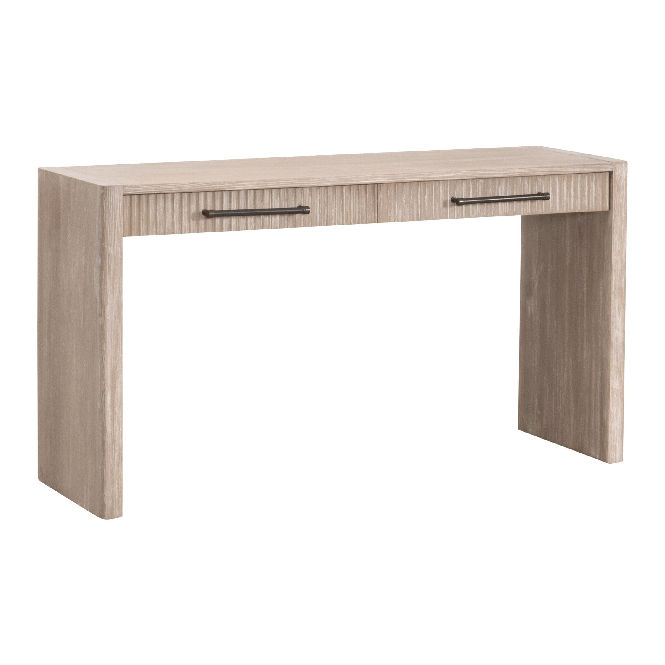 Halloway 2-Drawer Console Table in natural gray acacia wood with textured drawers and bronze handles by Essentials For Living