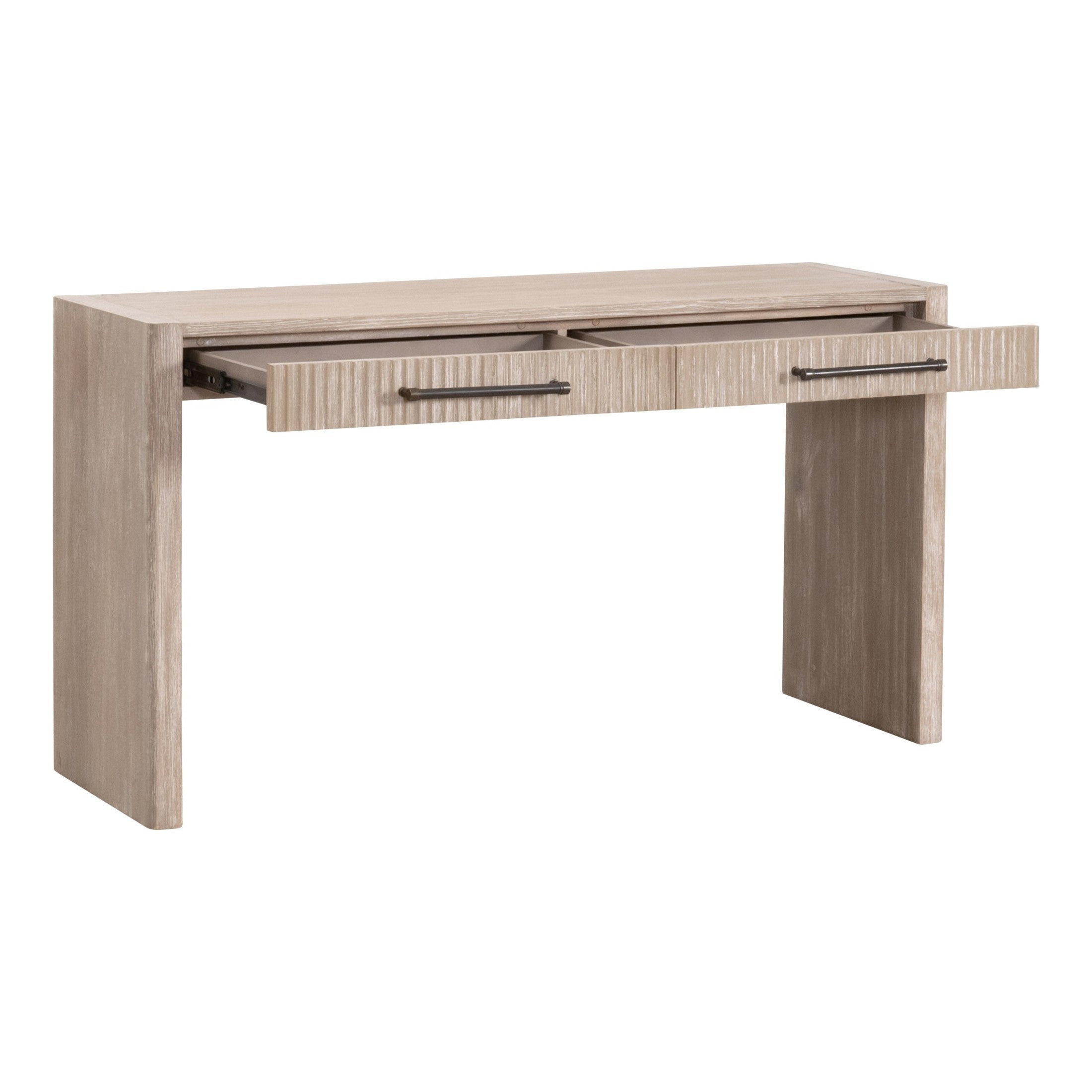 Halloway 2-Drawer Console Table in natural gray acacia wood with textured drawers by Essentials for Living