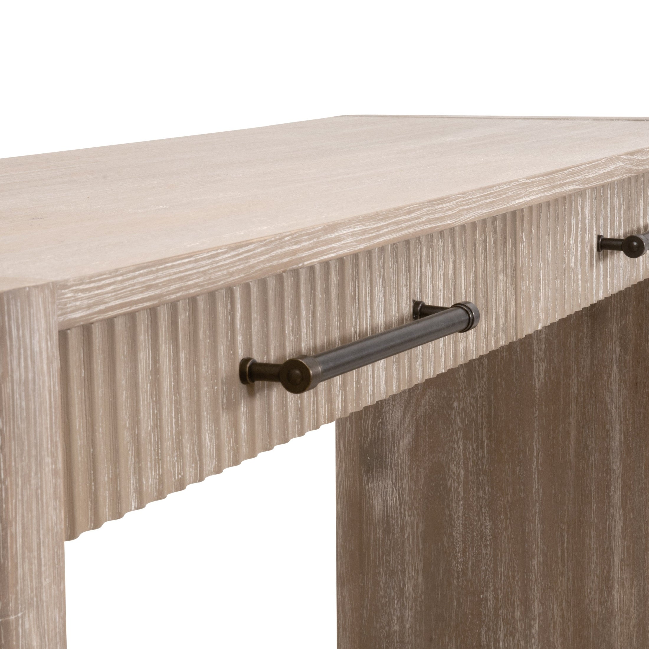 Close-up of Halloway 2-Drawer Console Table’s reeded drawer fronts and antique bronze handles by Essentials for Living