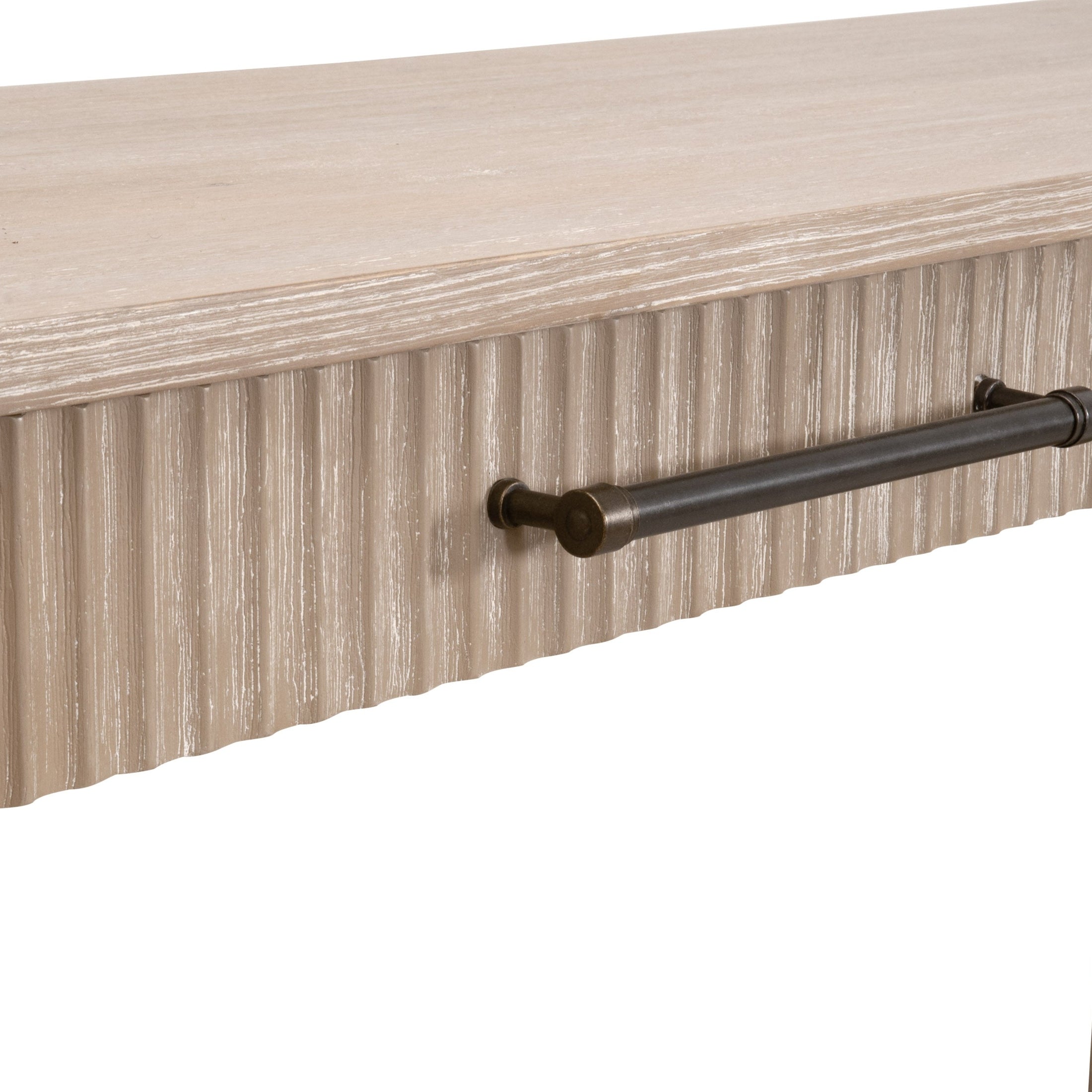Close-up of textured reeded drawer front and antique bronze handle on Halloway 2-Drawer Console Table by Essentials for Living