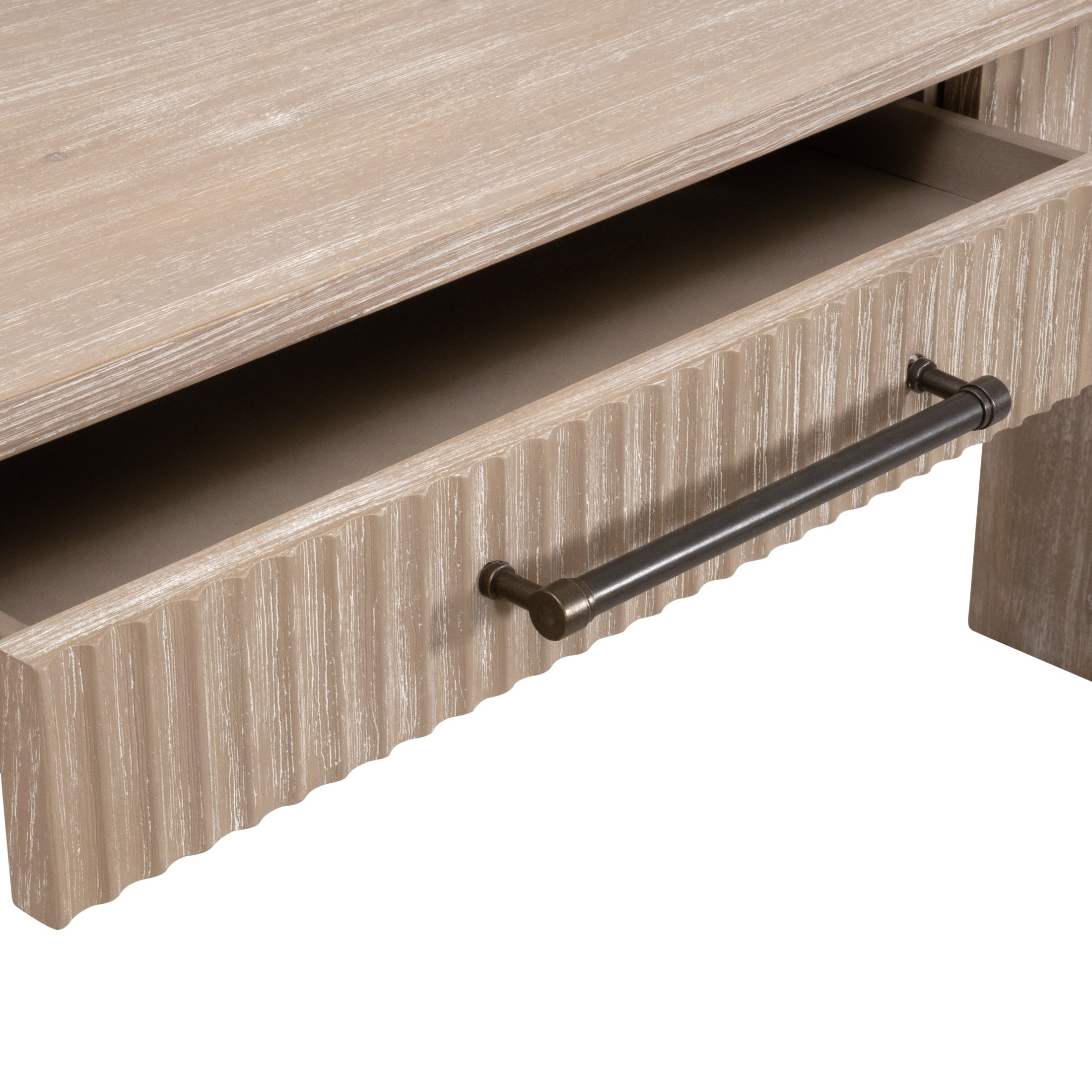 Close-up of the textured reeded drawer front with antique bronze handle on Halloway 2-Drawer Console Table by Essentials for Living.