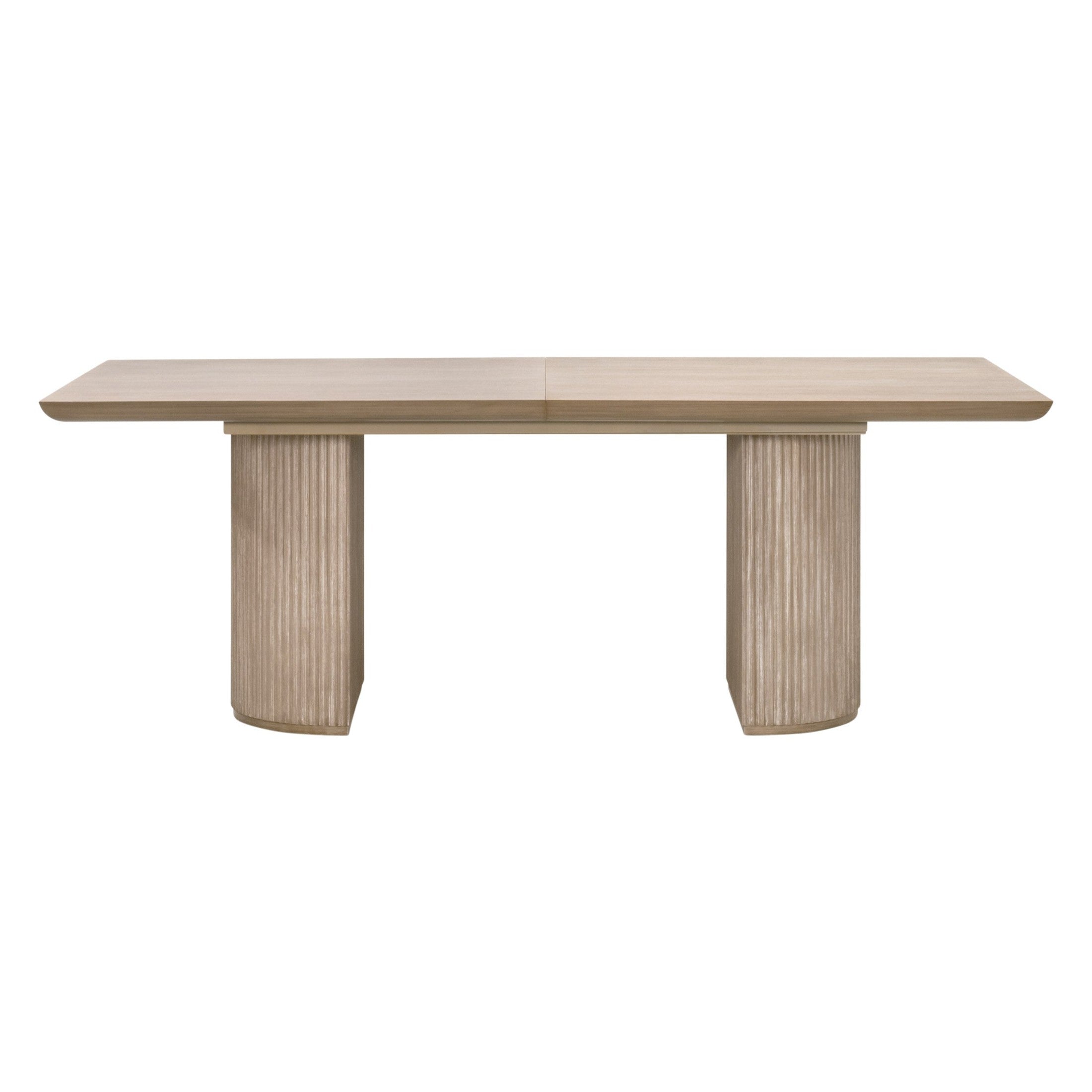Halloway Extension Dining Table in natural gray acacia wood with reeded double column base by Essentials for Living.