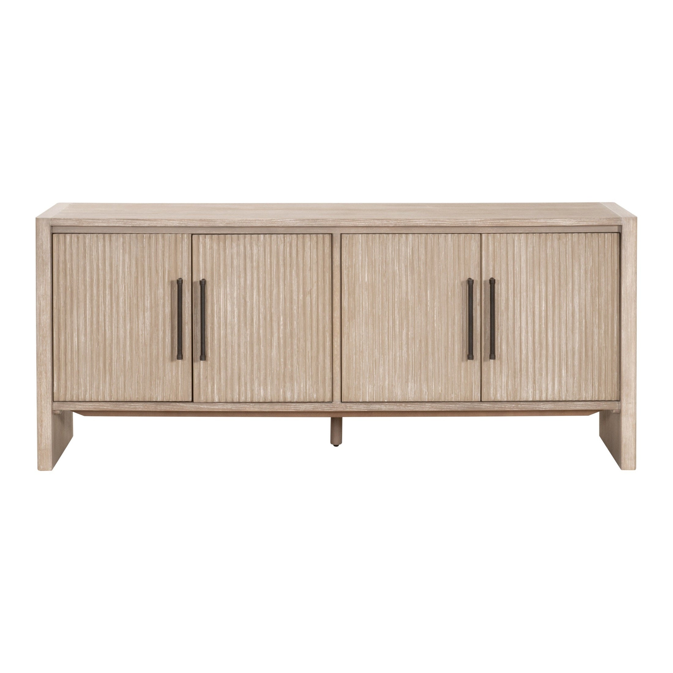 Halloway Media Sideboard in natural gray acacia wood with reeded doors and bronze handles by Essentials for Living