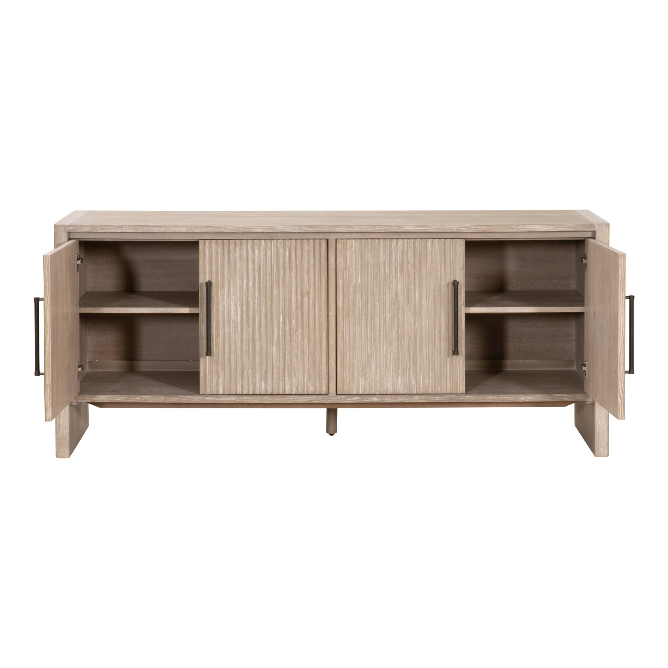 Halloway Media Sideboard in natural gray acacia wood with reeded doors and bronze handles by Essentials For Living