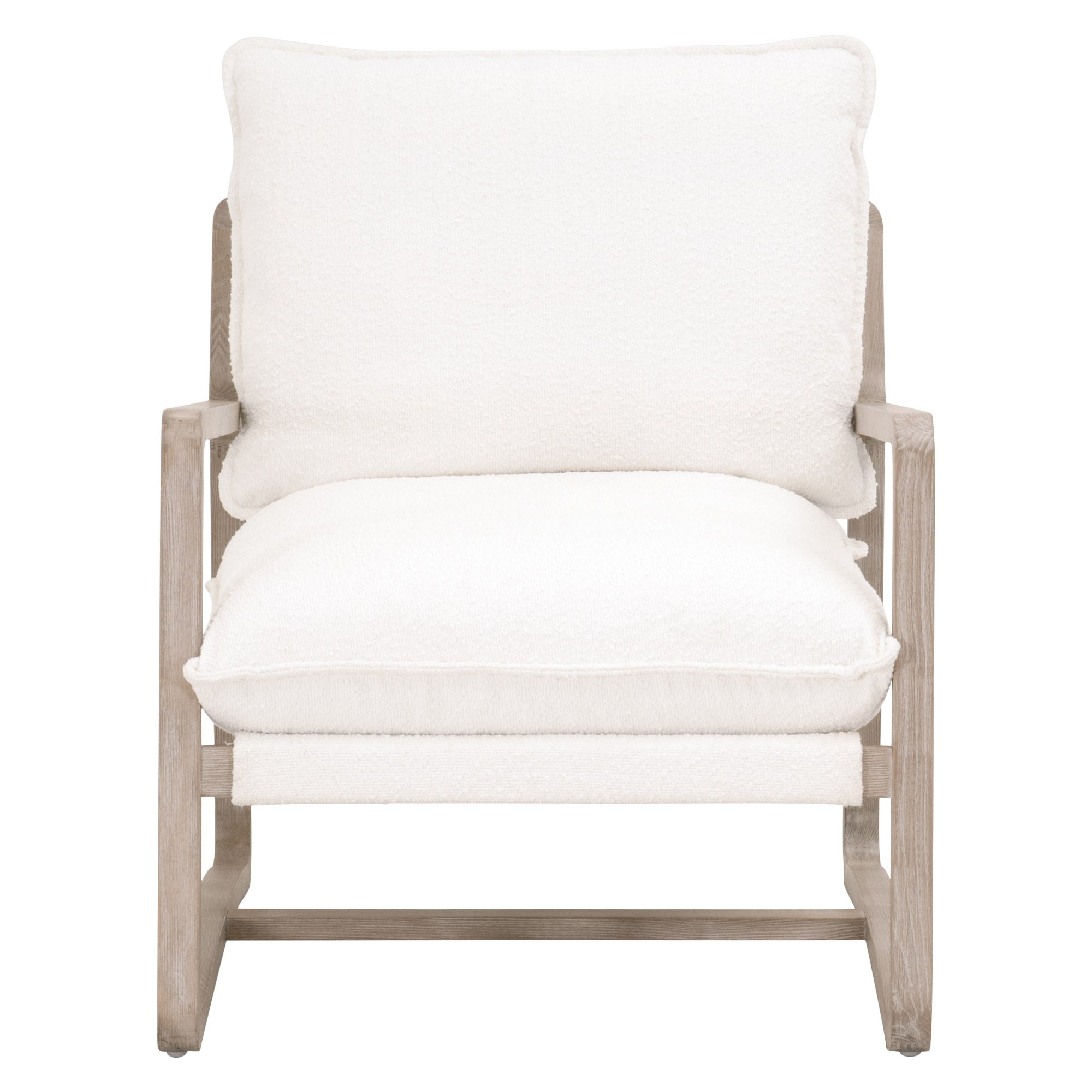 Essentials For Living Hamlin Club Chair with white boucle cushions and natural gray oak sled base in modern style