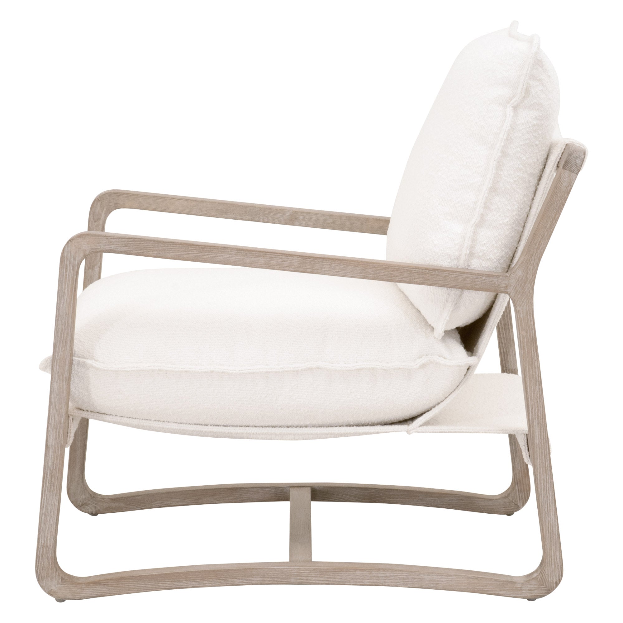 Side view of Hamlin Club Chair with natural gray oak sled base and white boucle cushions by Essentials for Living