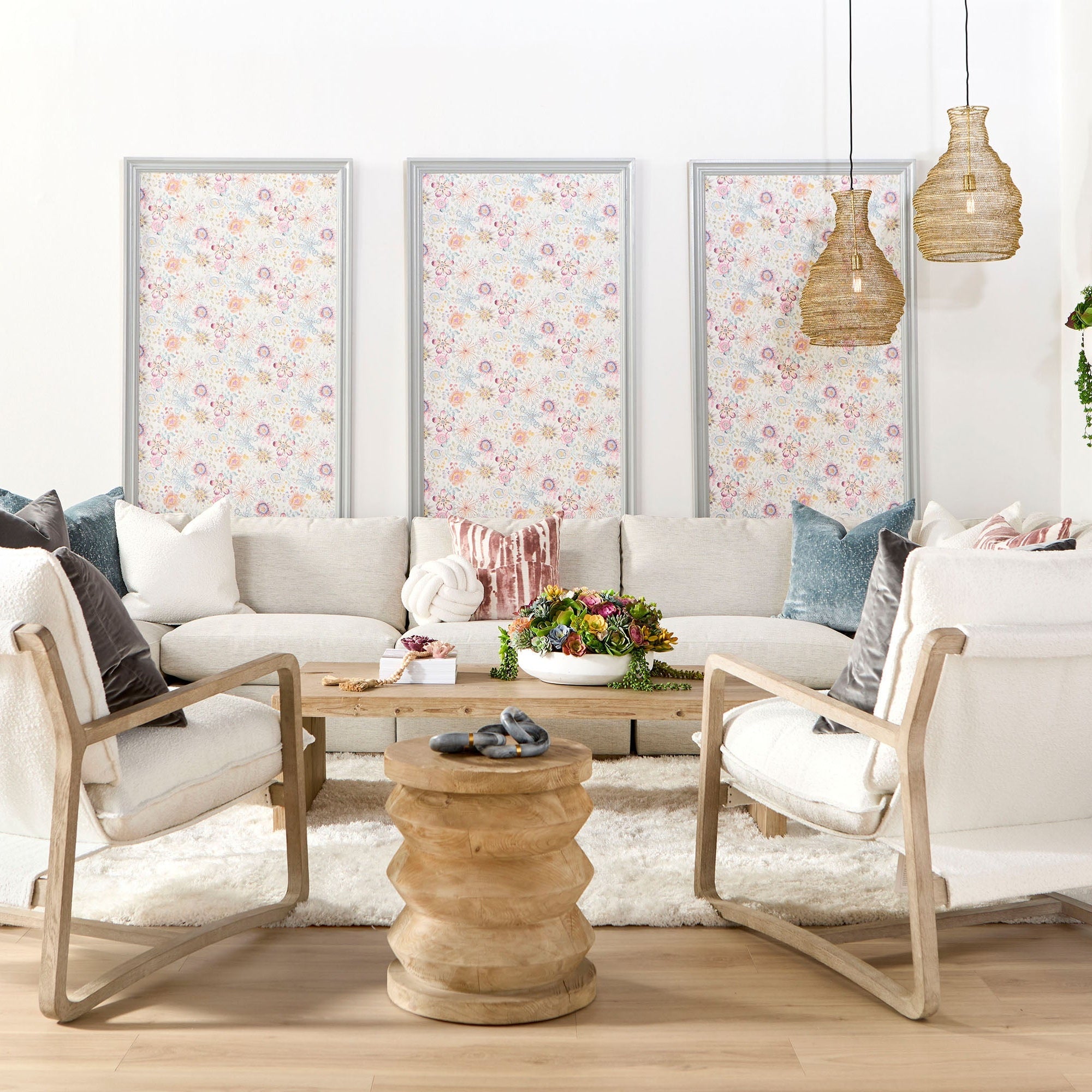 Essentials For Living Hamlin Club Chair in white boucle fabric with natural gray oak sled base in modern living room setting