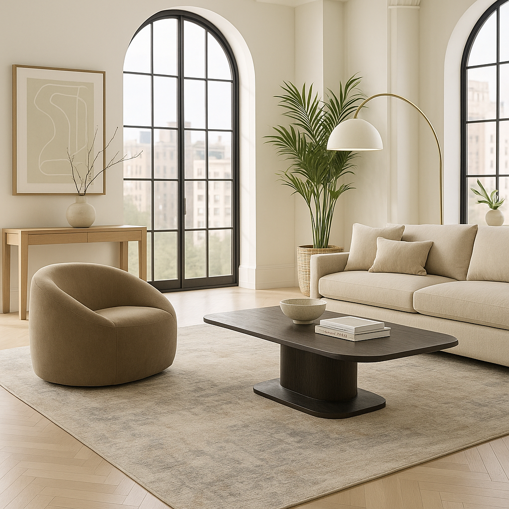 Hammond Chair in custom upholstery with solid wood frame in modern living room setting by GO HOME