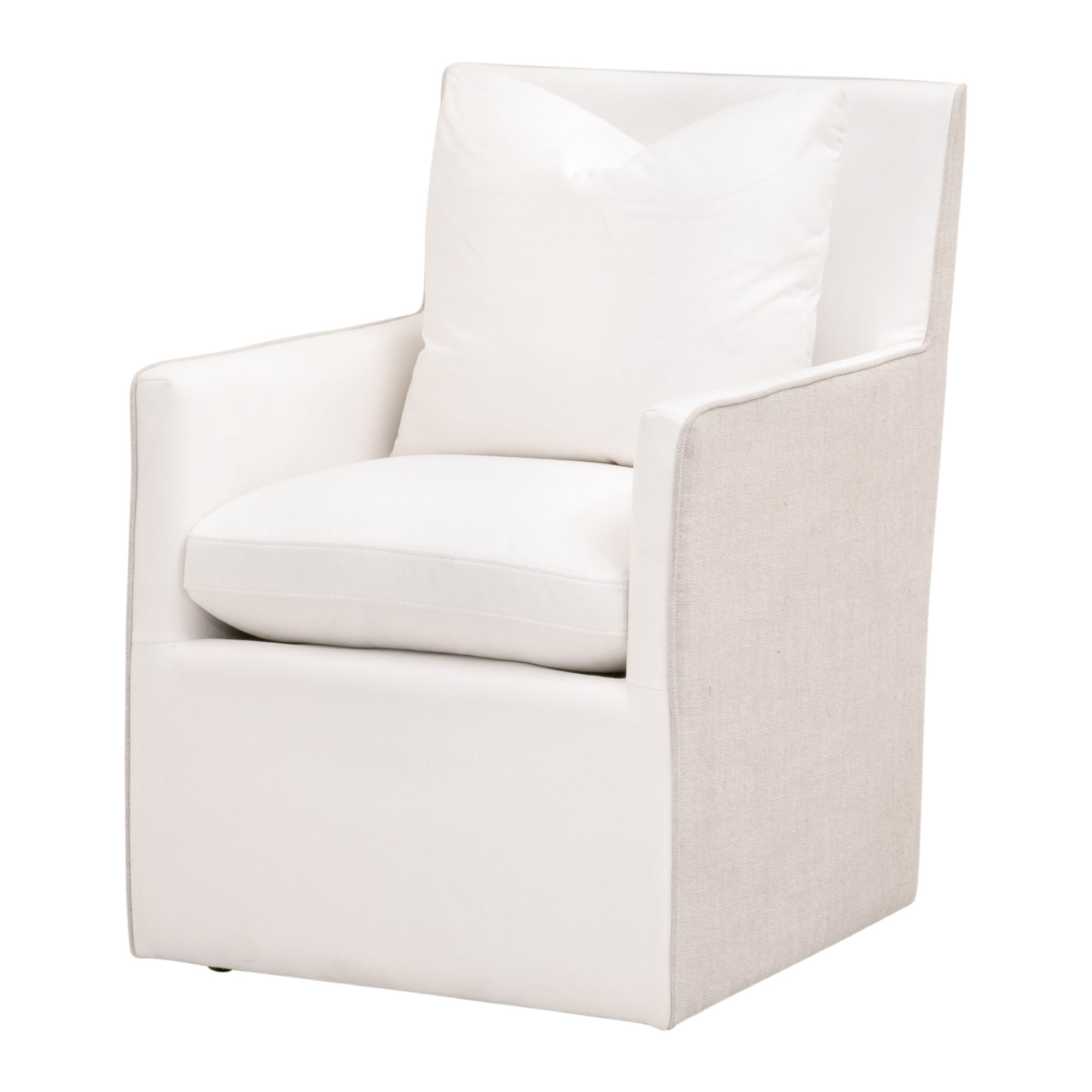 Essentials For Living Harmony Arm Chair with casters in white and bisque two-tone fabric with down pillow and removable cushion