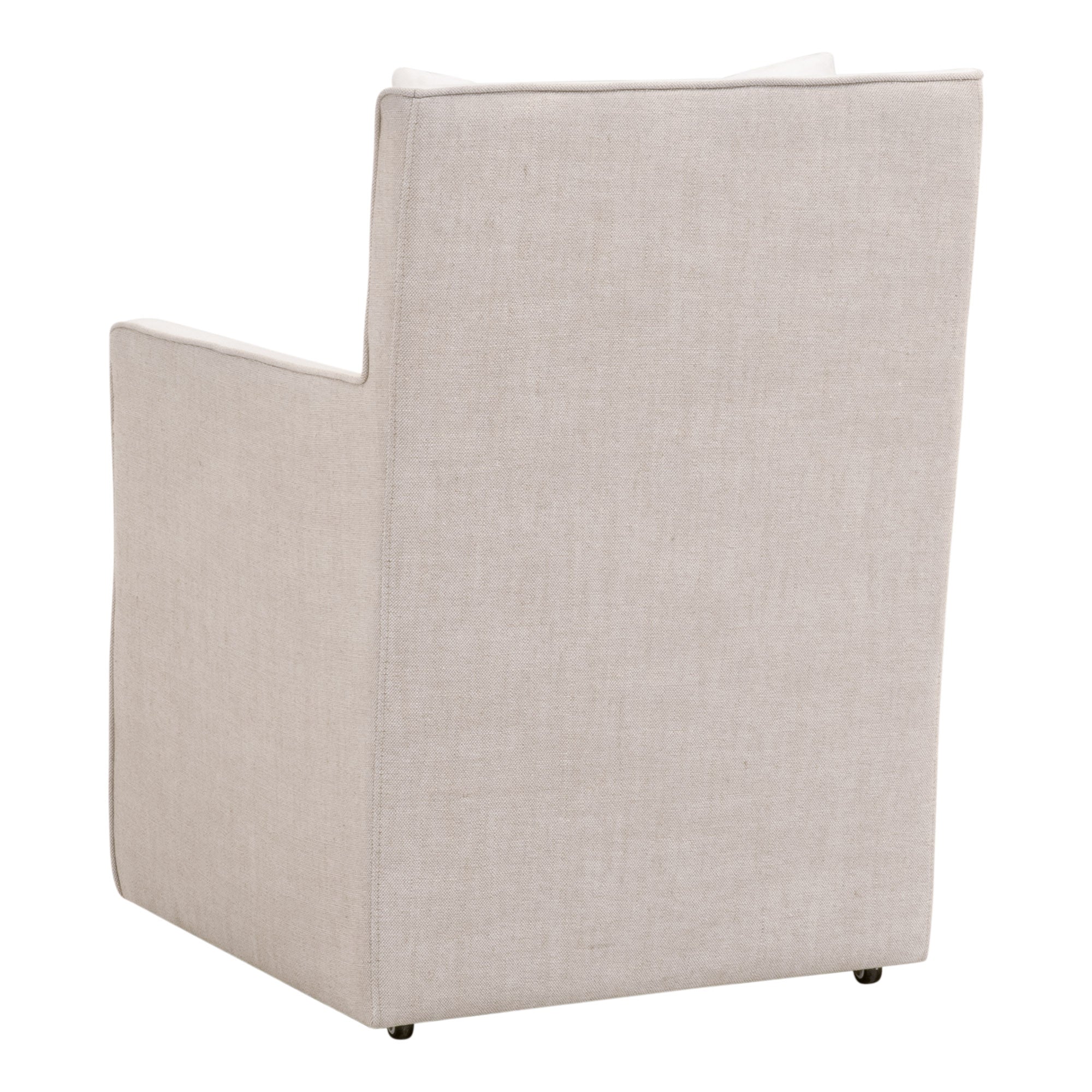 Back view of the Essentials for Living Harmony Arm Chair with Performance Bisque French Linen upholstery and casters.