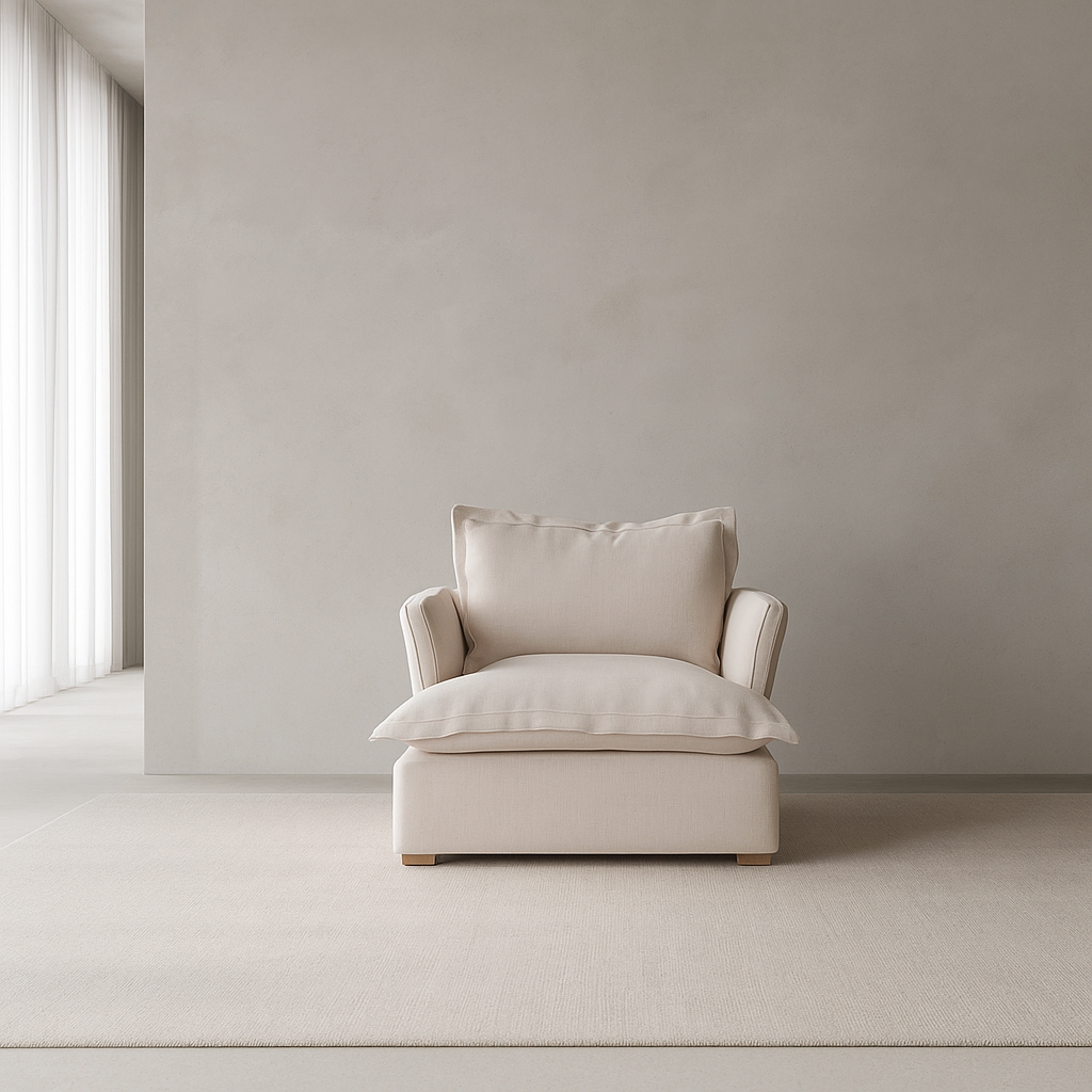 Haven Chair in neutral tones with cushioned seat and sloped arms in minimalist room by GO HOME
