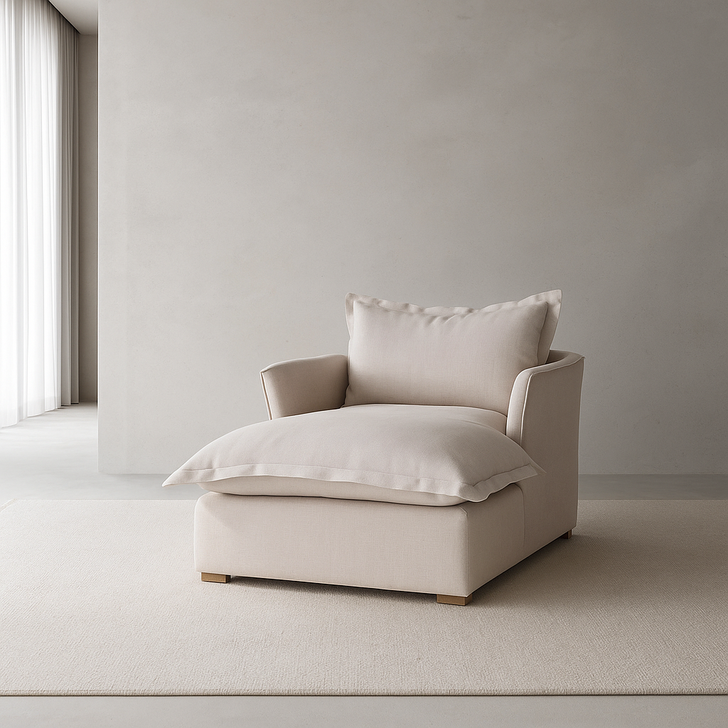 Haven Chaise with custom upholstery, deep seat, sloped arm, and teakwood legs in neutral room setting by GO HOME