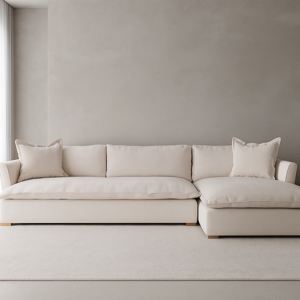 Haven Sectional Sofa in beige with plush cushions and teakwood legs in a modern living room by GO HOME