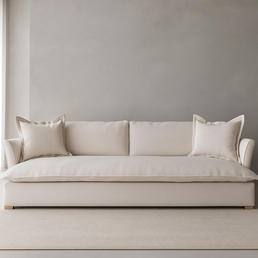 Haven Sofa – 84" in beige custom upholstery with teakwood legs and plush cushions for compact comfort by GO HOME
