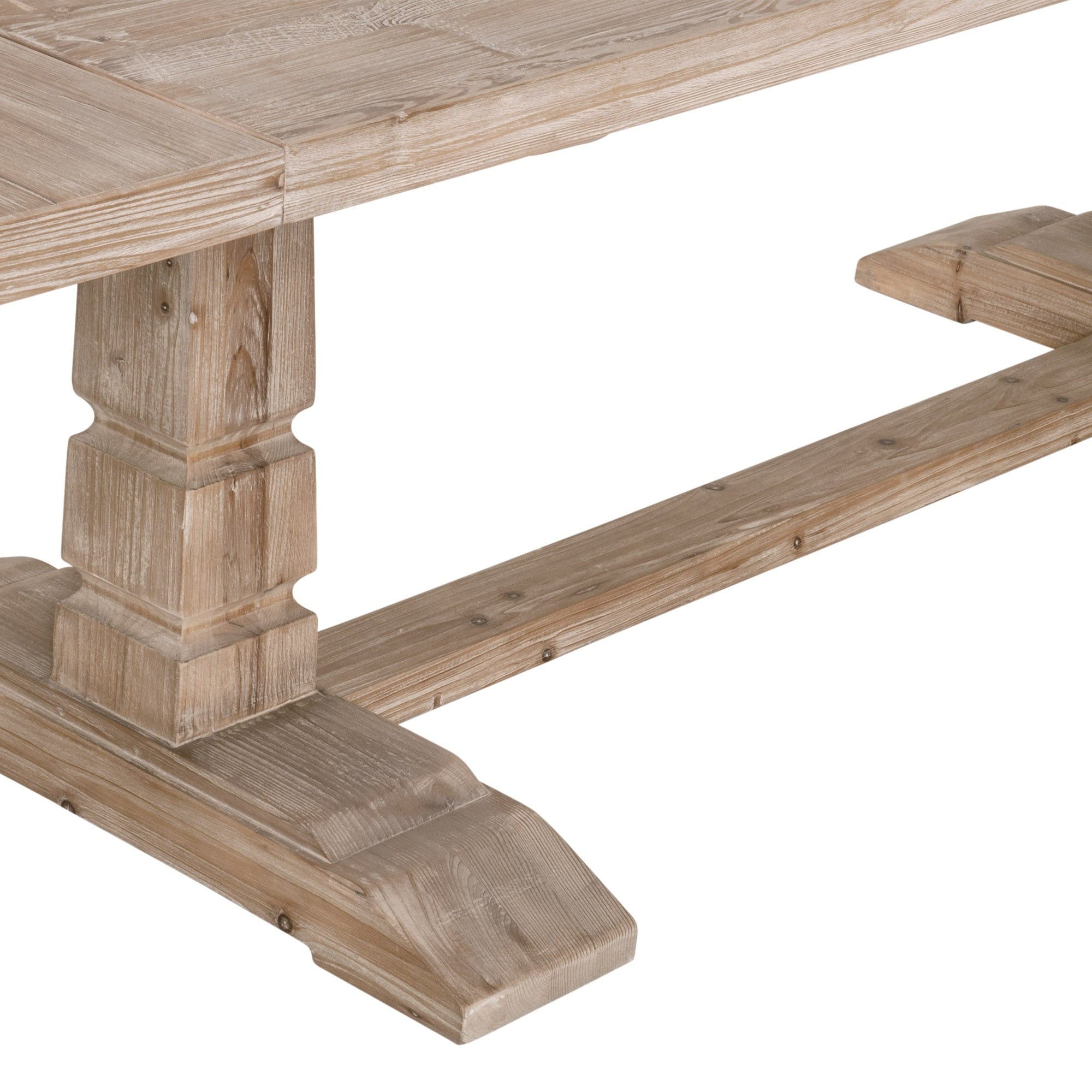 Close-up of reclaimed pine wood trestle base in smoke gray finish on Hayes Extension Dining Table by Essentials for Living