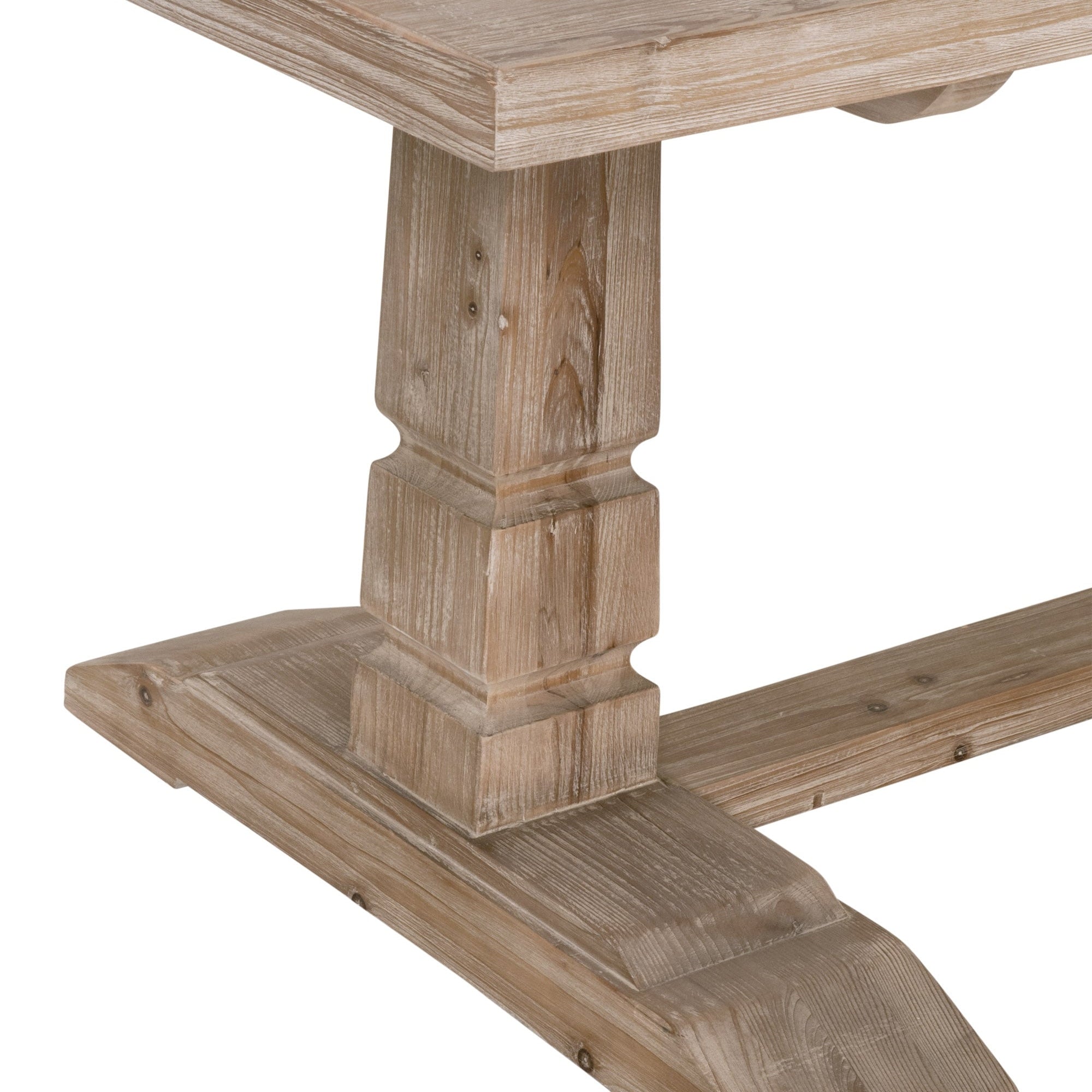 Close-up of reclaimed pine wood trestle base of Hayes Extension Dining Table with smoke gray finish by Essentials For Living