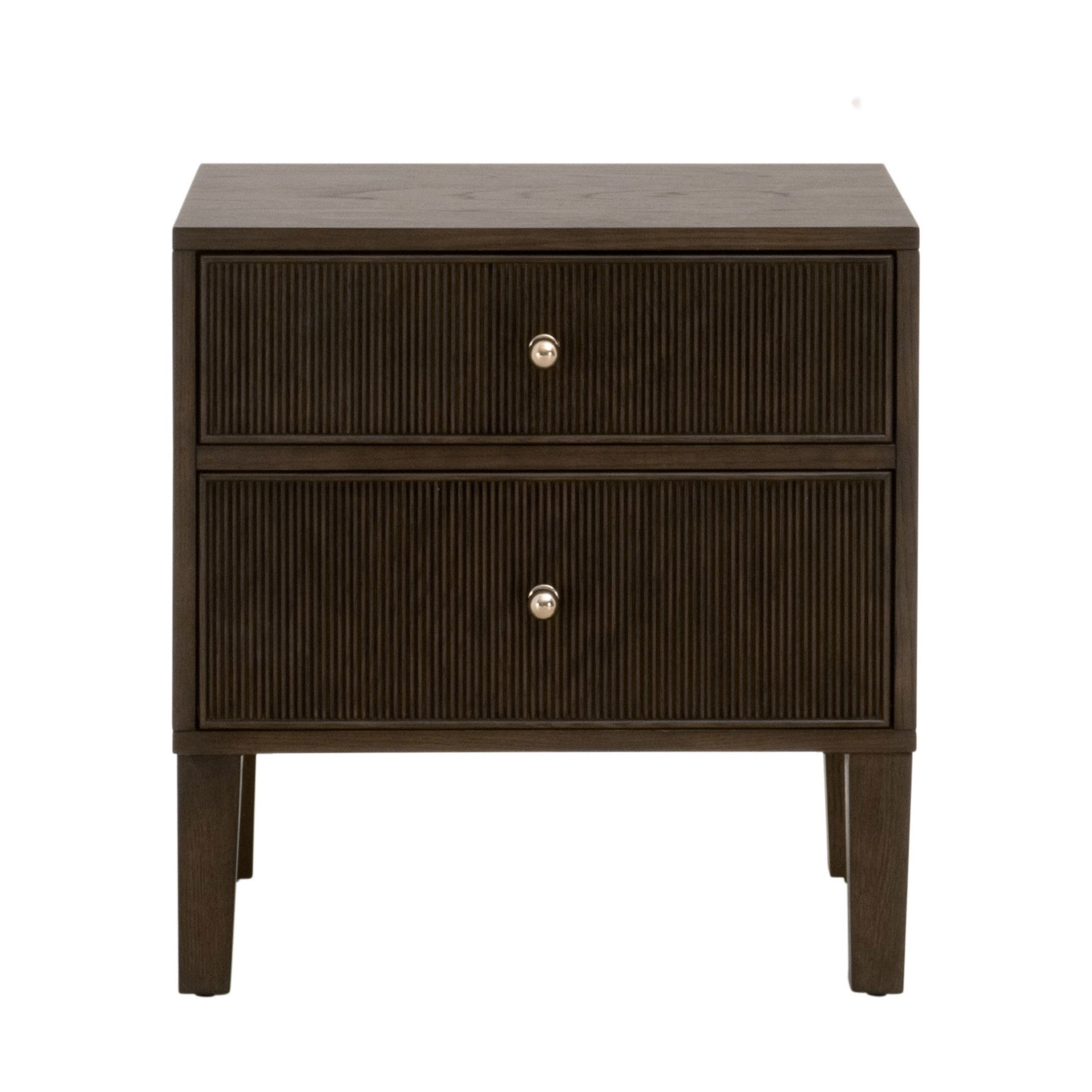 Dark wood two-drawer nightstand with fluted drawer fronts and brass knobs by Essentials for Living