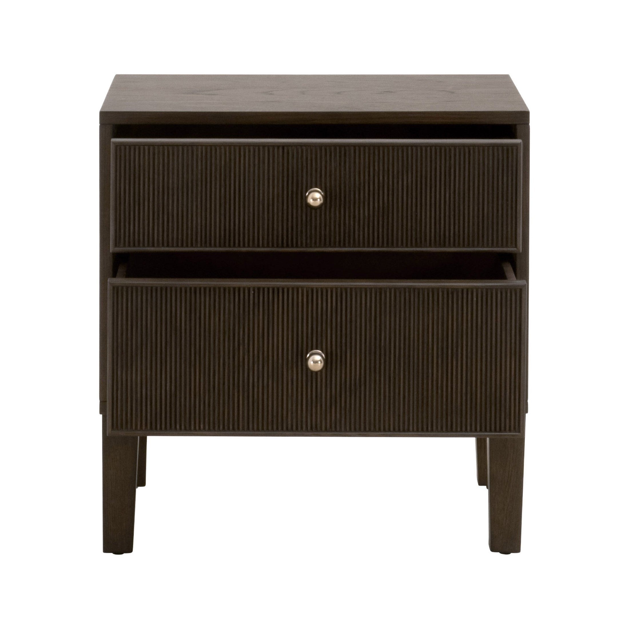 Essentials For Living Highland nightstand in dark oak with two fluted drawers and brass iron knobs, modern traditional style