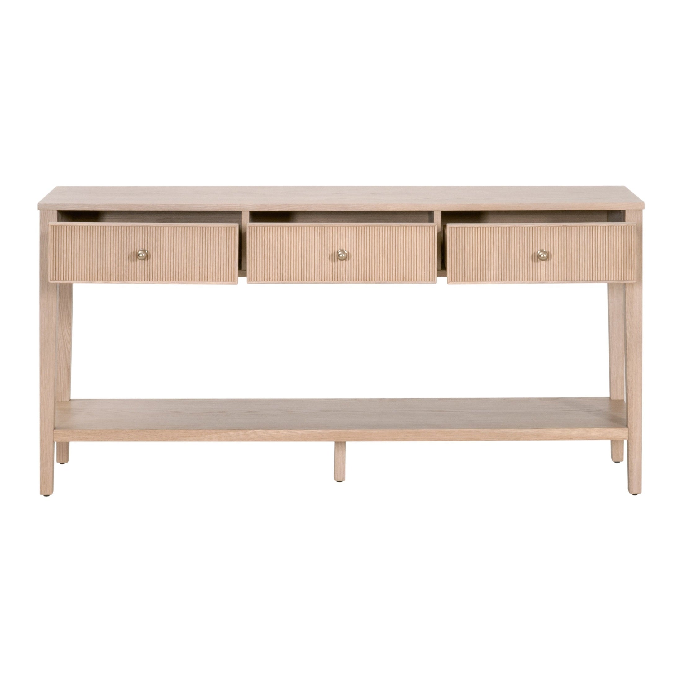 Highland 3-Drawer Console Table with natural oak finish, fluted drawers, lower shelf by Essentials for Living