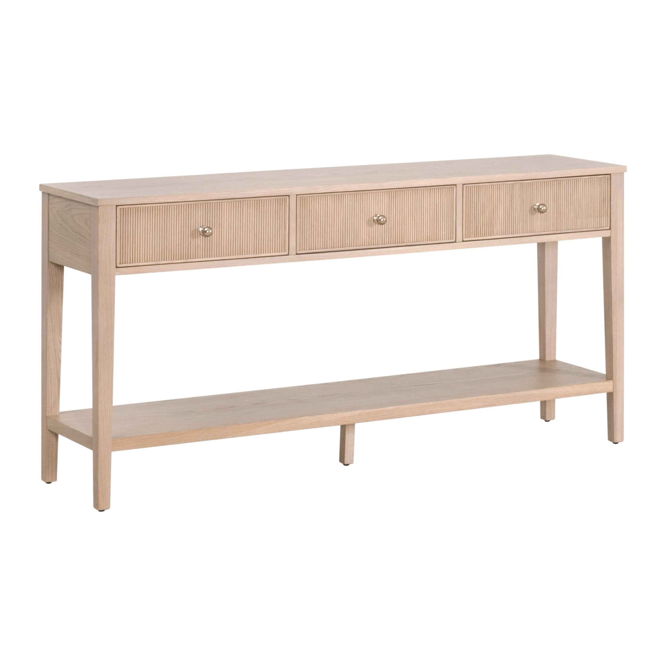 Highland 3-Drawer Console Table in natural oak with fluted drawers and brass knobs by Essentials For Living