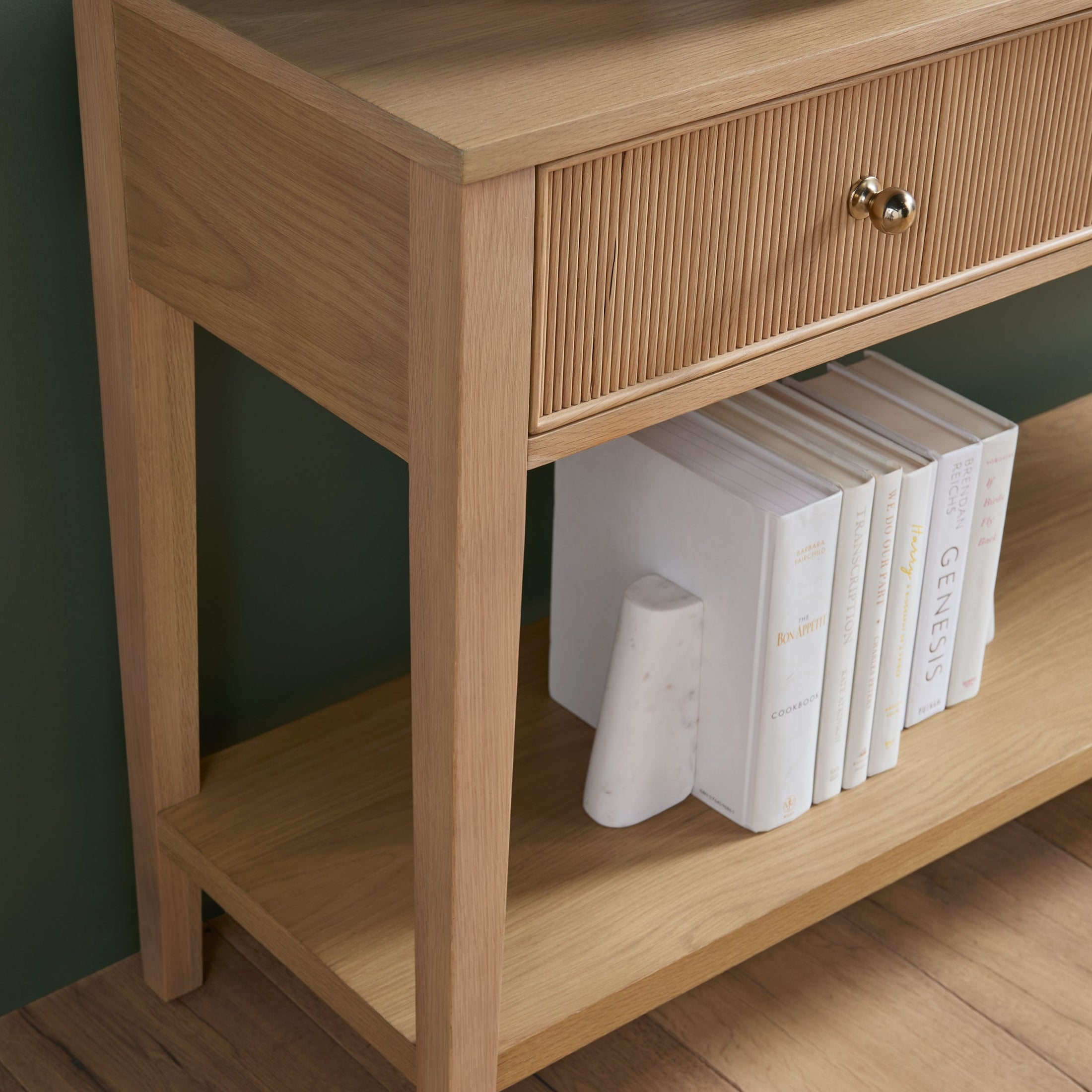 Natural oak Highland 3-Drawer Console Table with fluted drawer fronts and open shelf by Essentials for Living