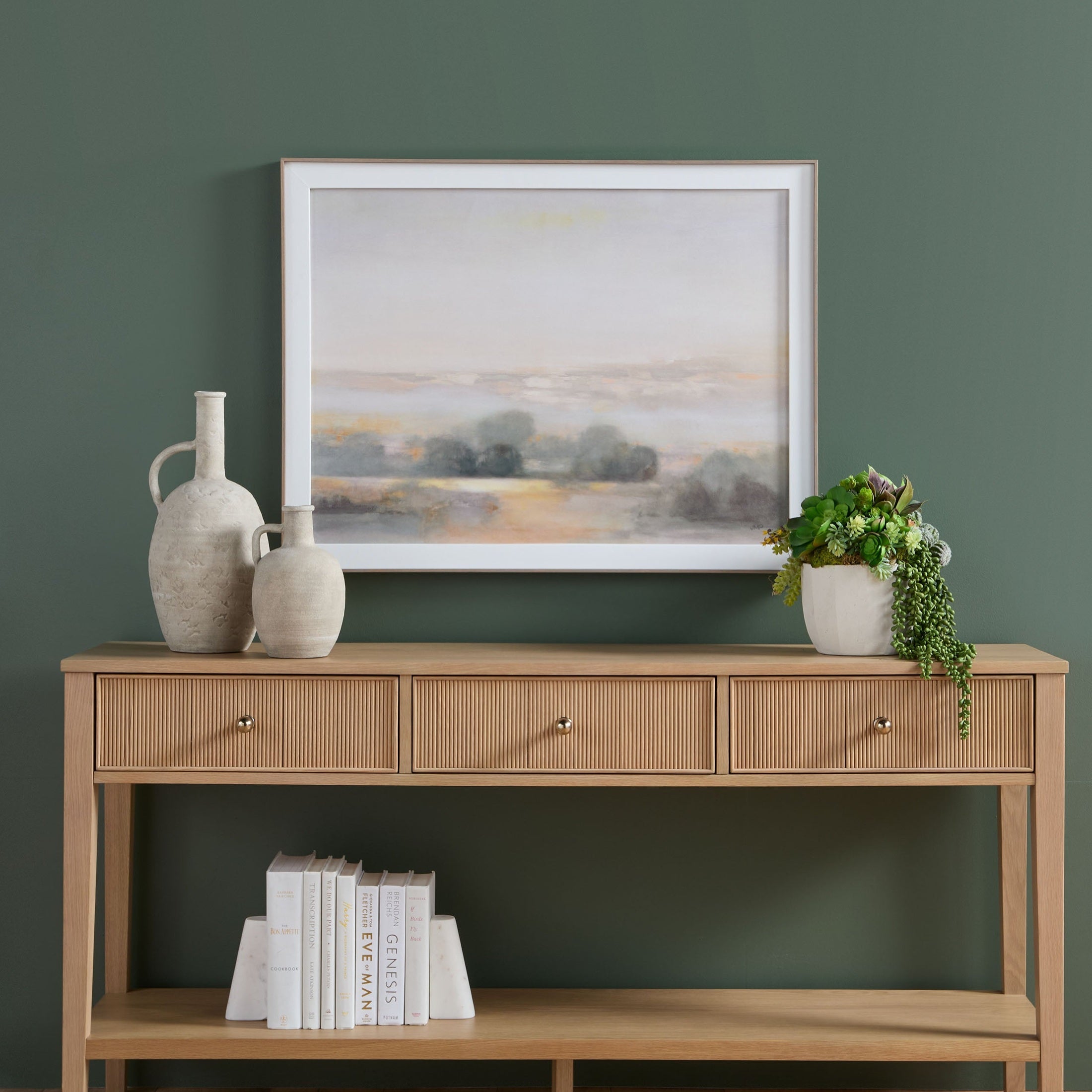 Highland 3-Drawer Console Table with natural oak finish and brass knobs, solid oak wood by Essentials for Living