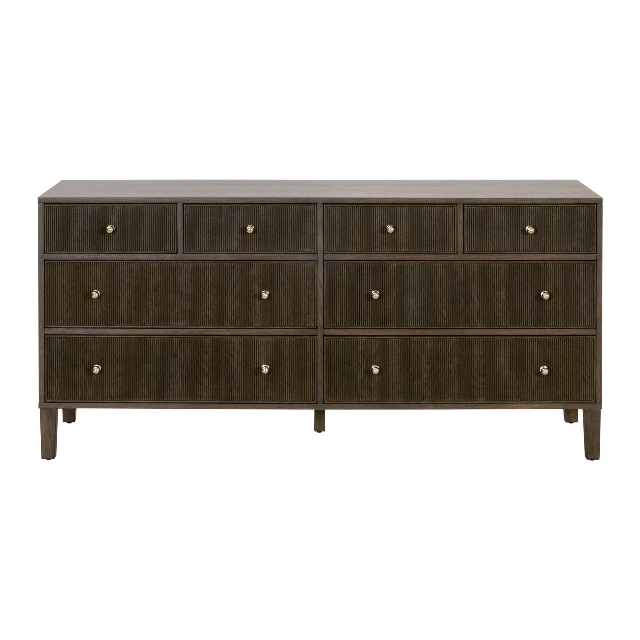 Dark wood Highland 8-drawer double dresser with brass-finished iron knobs and fluted drawer fronts by Essentials For Living