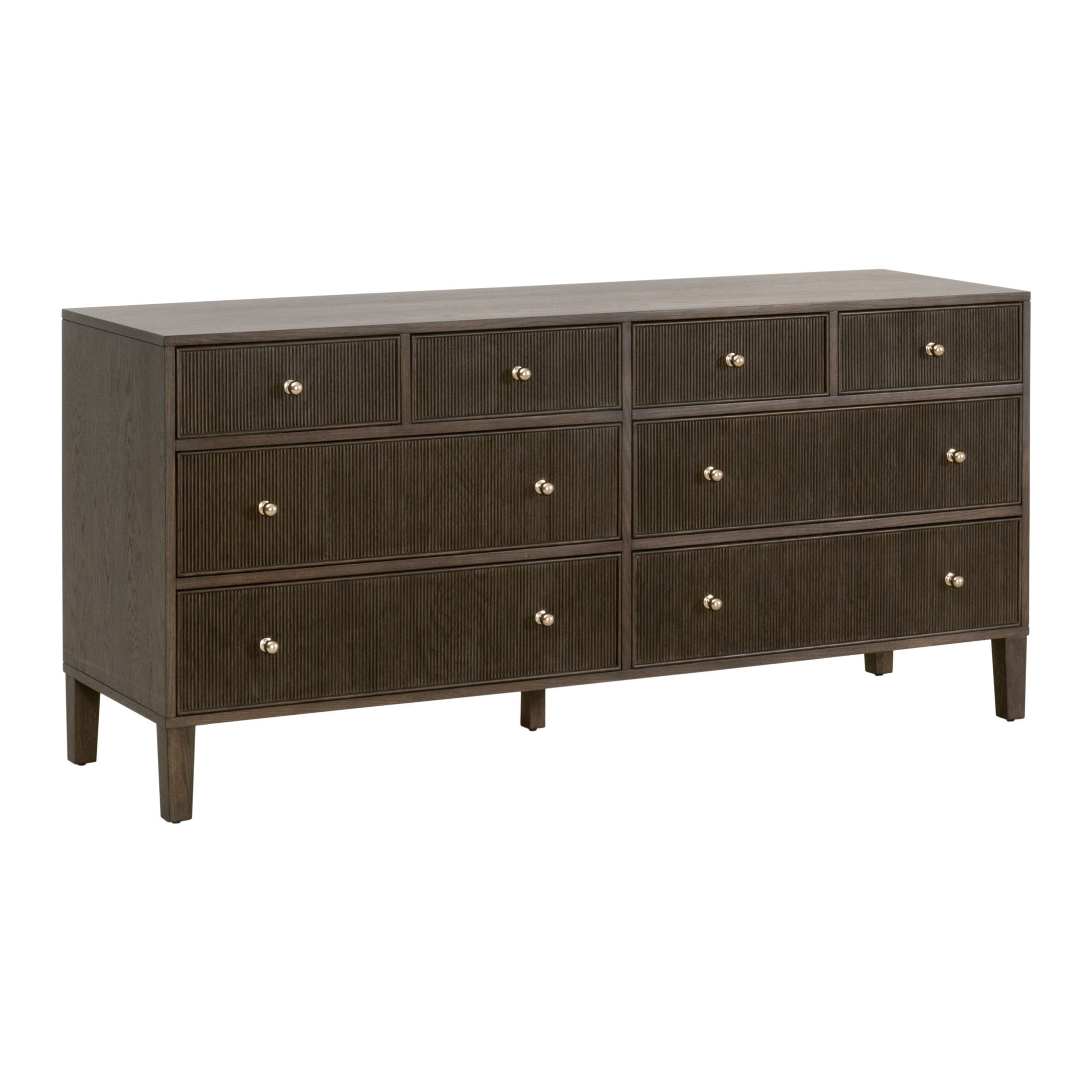 Highland 8-drawer double dresser in dark oak with polished brass knobs and fluted drawer fronts by Essentials For Living