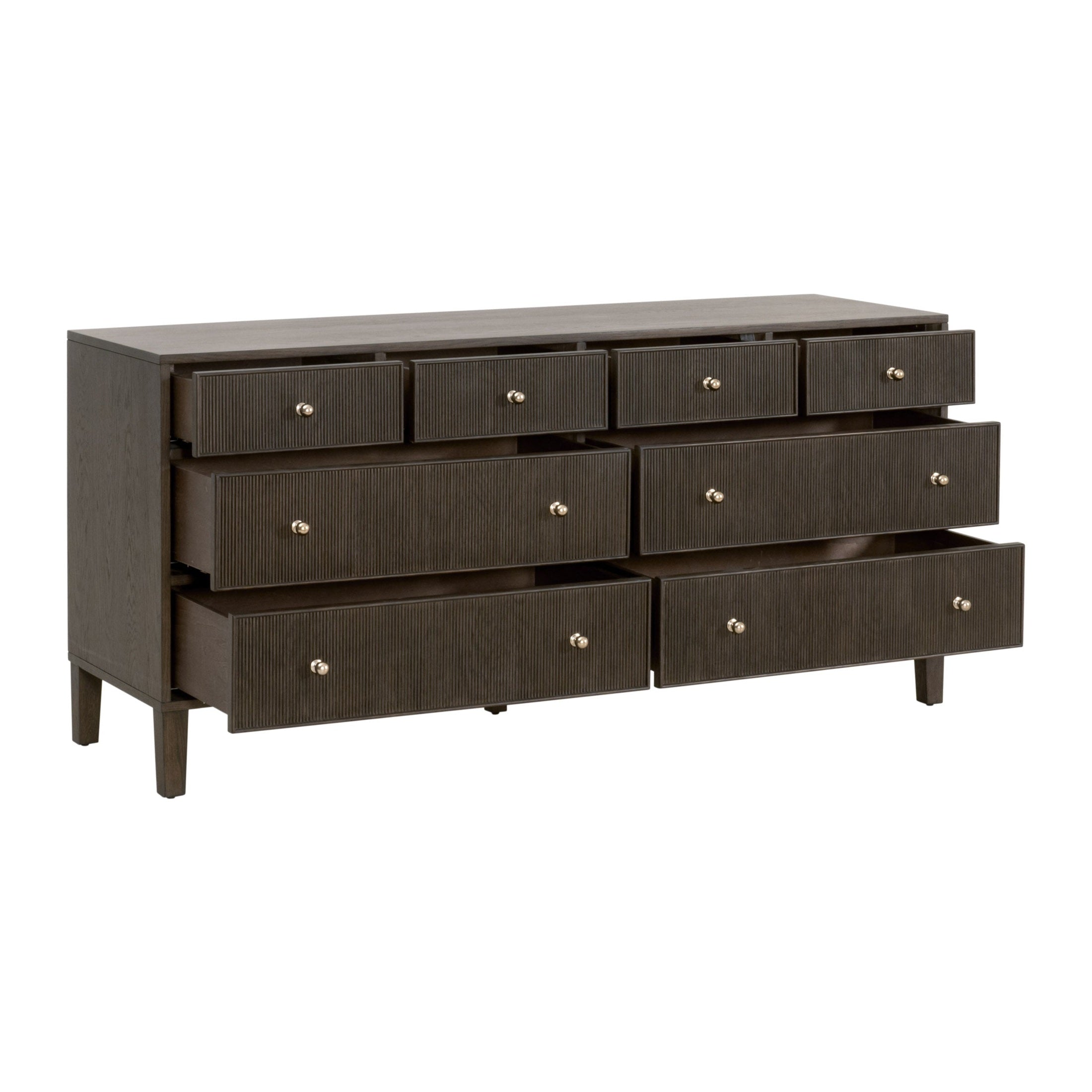 Dark wood 8-drawer double dresser with brass knobs and tapered legs by Essentials for Living