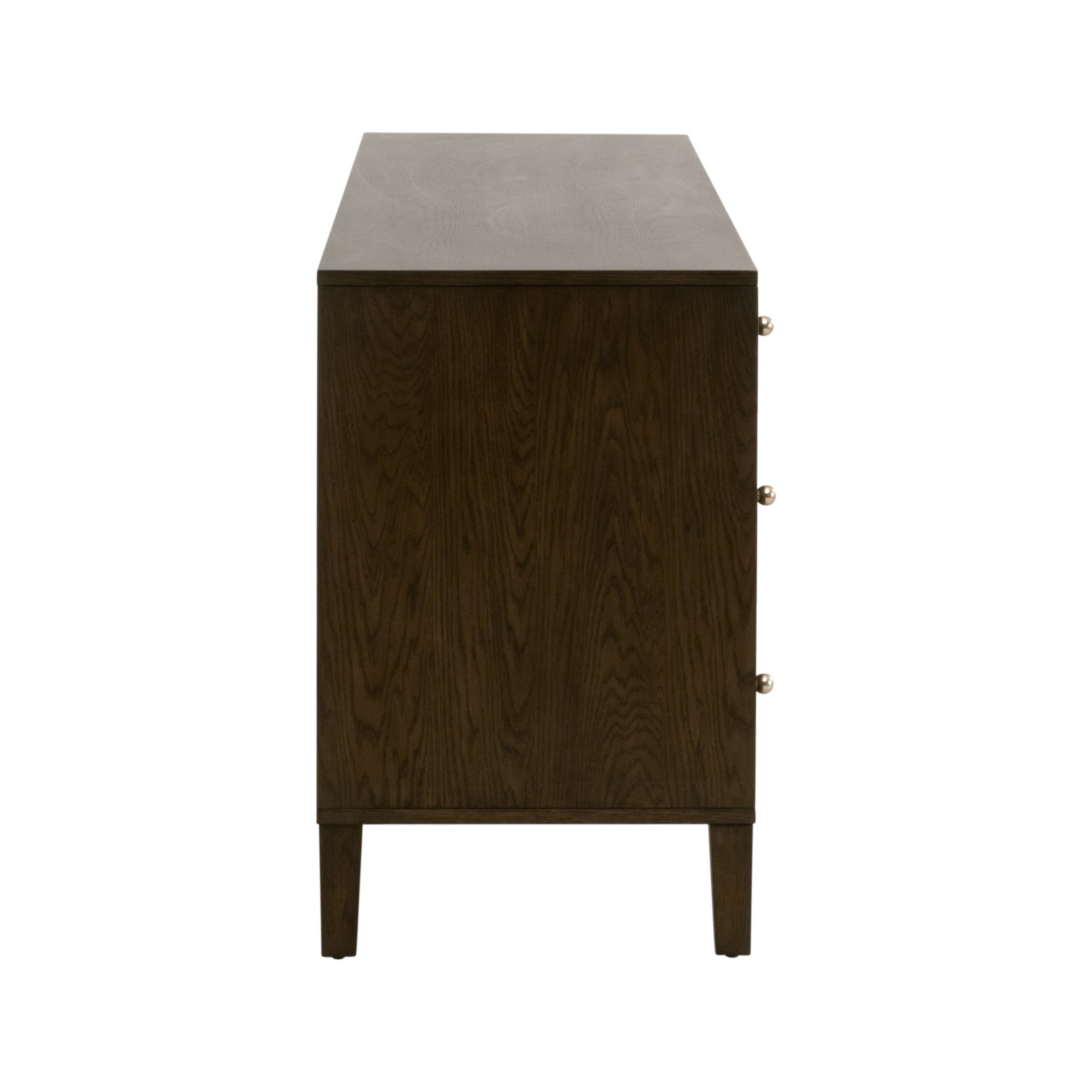 Side view of Highland 8-Drawer Double Dresser in natural oak finish with solid iron knobs and wood grain details