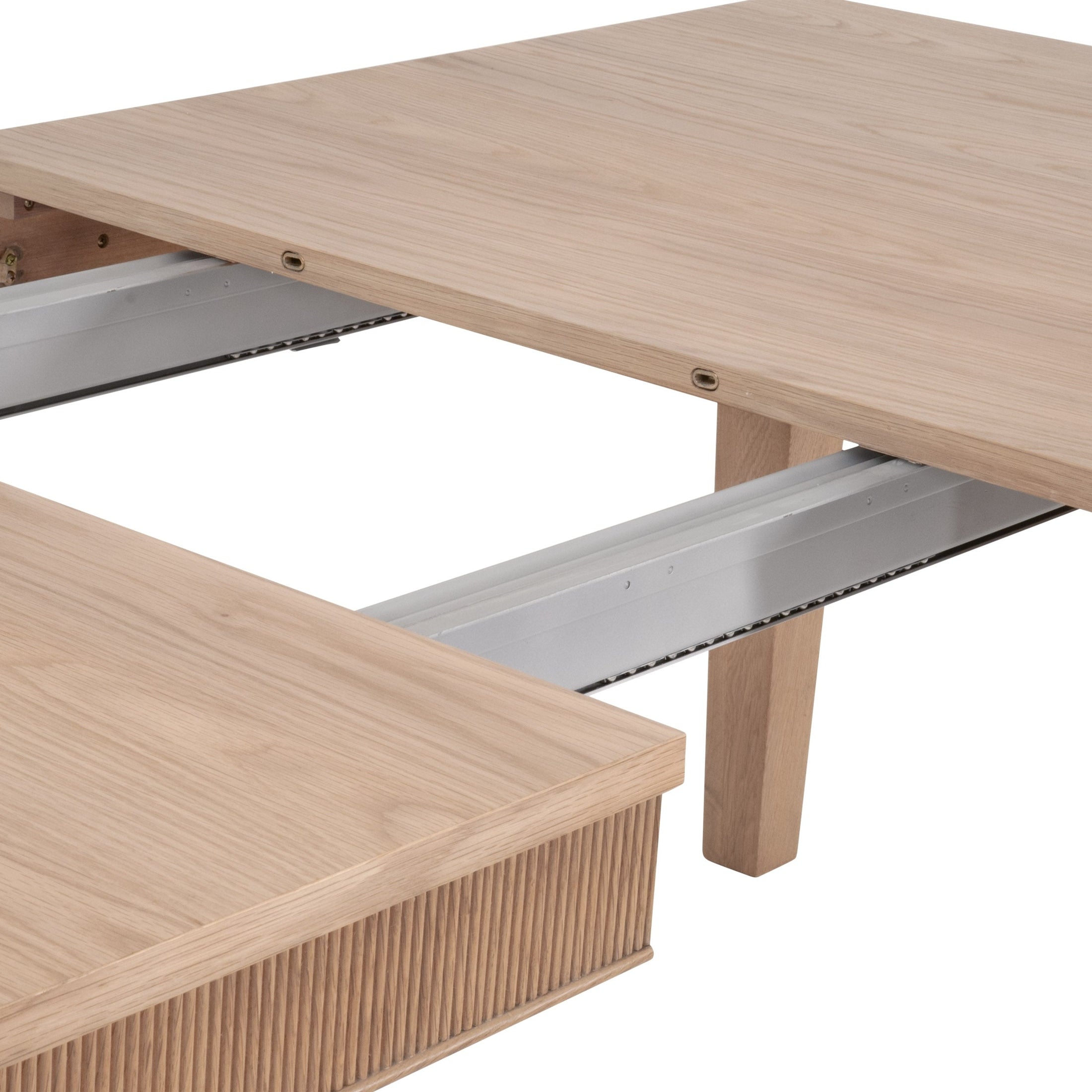 Highland Extension Dining Table with natural oak finish and fluted apron, extending mechanism shown, Essentials for Living