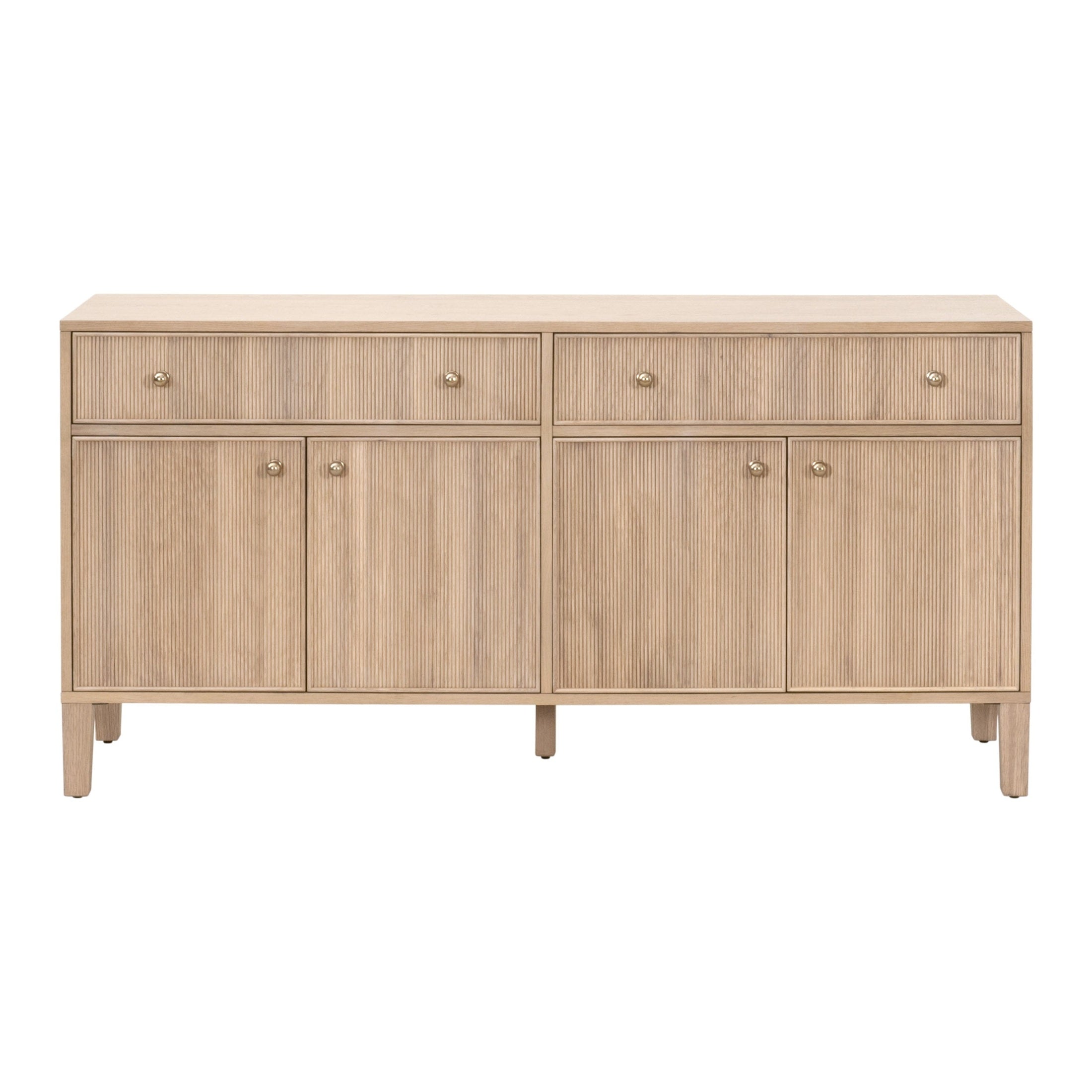 Highland Media Sideboard in natural oak with fluted fronts and brass knobs by Essentials for Living