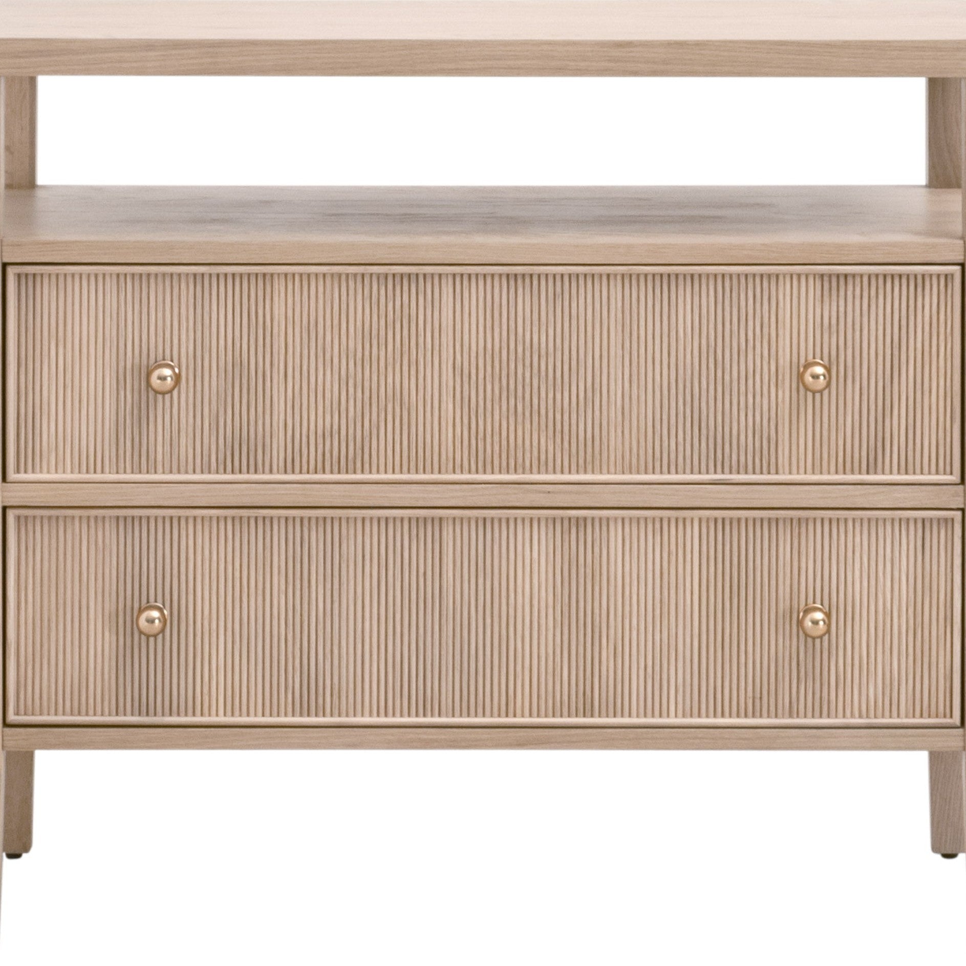 Light oak two-drawer nightstand with fluted fronts and brass knobs, featuring an open shelf above drawers