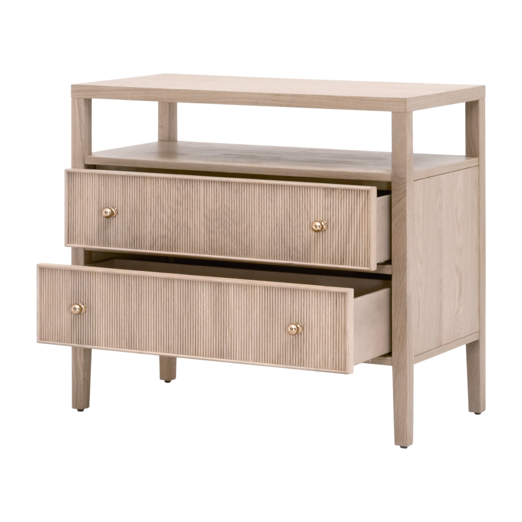 Light oak open shelf nightstand with two fluted drawer fronts and brass knobs by Essentials For Living