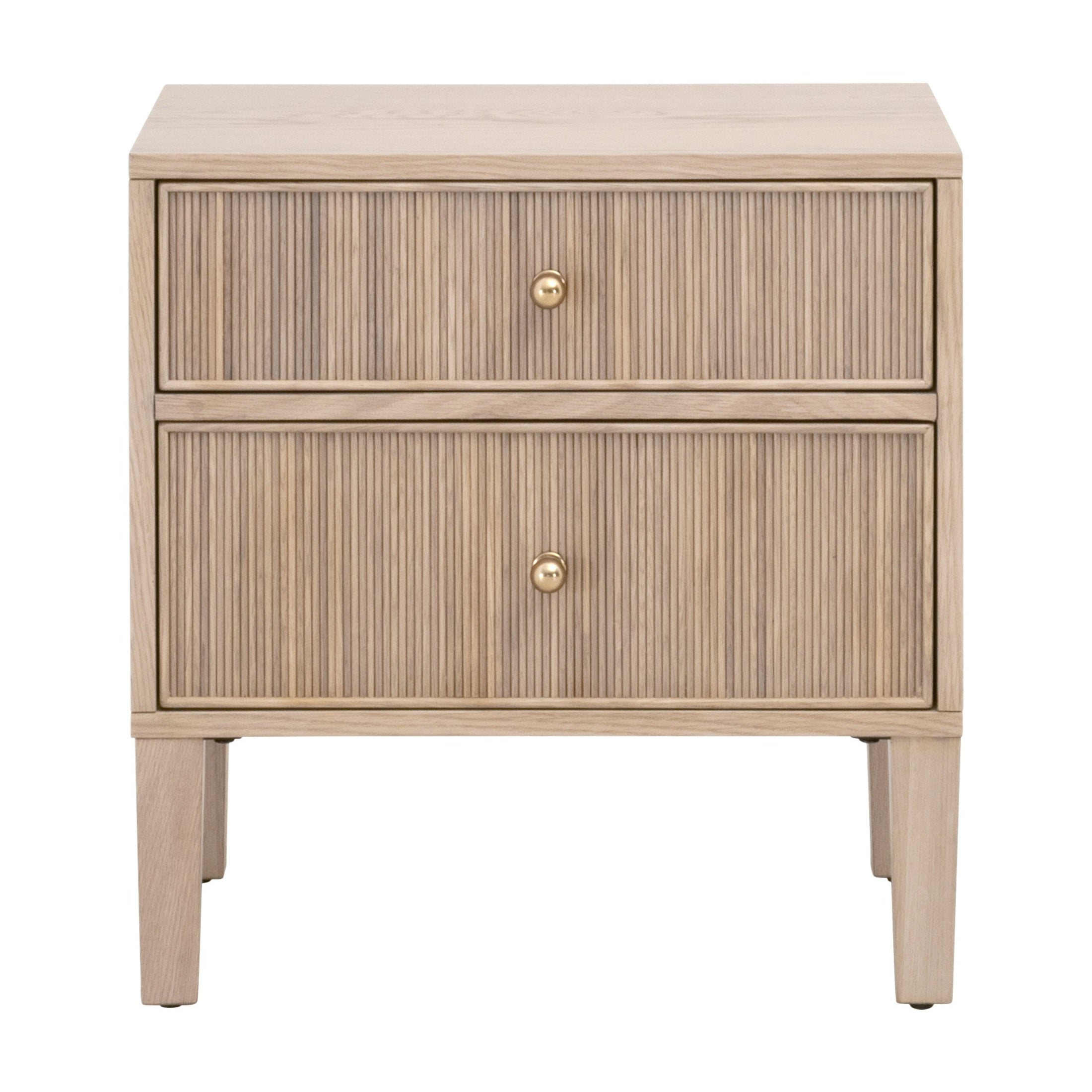 Highland 2-drawer nightstand in natural oak finish with fluted drawer fronts and brass knobs by Essentials for Living