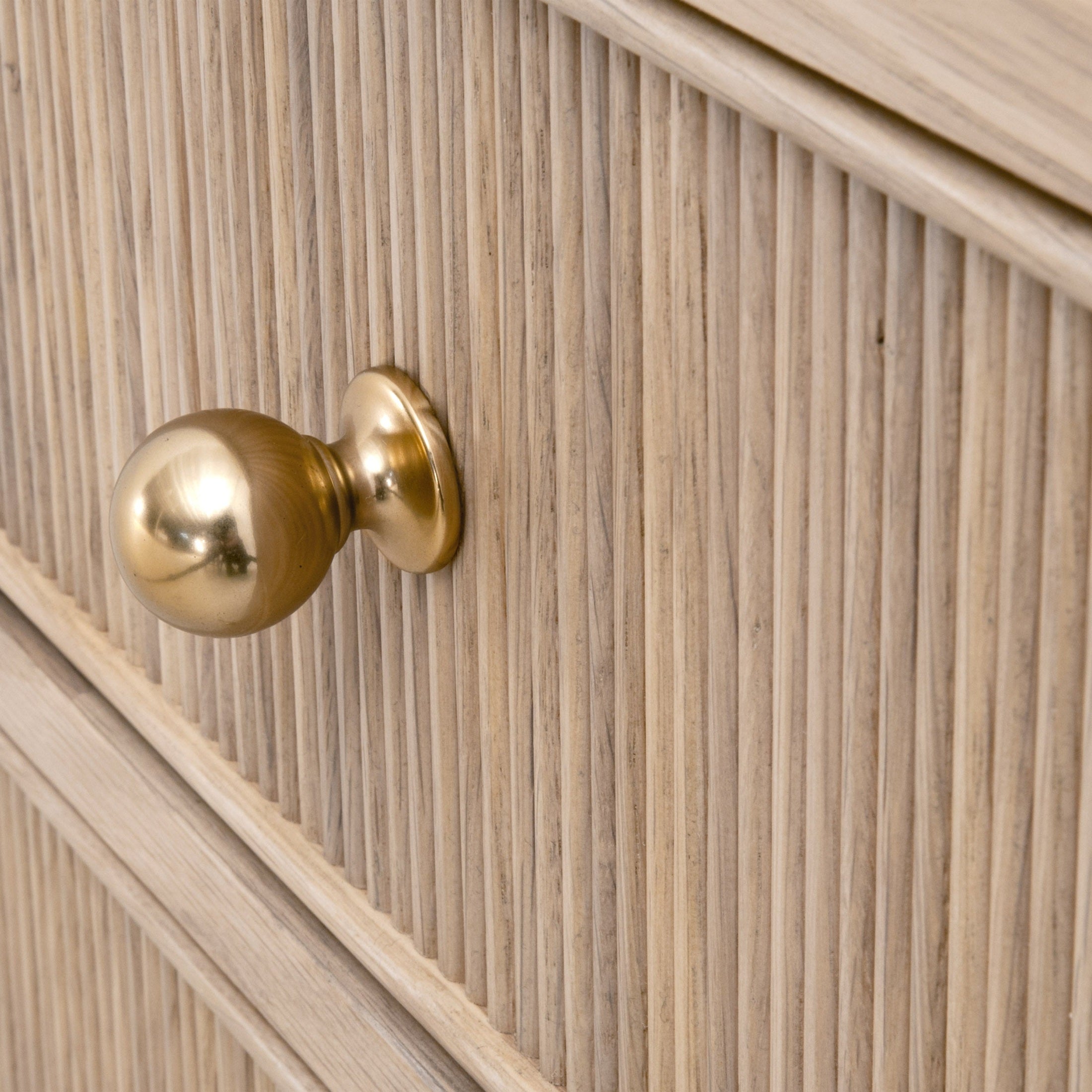 Close-up of fluted oak wood drawer with polished brass knob on Highland 2-Drawer Nightstand by Essentials for Living