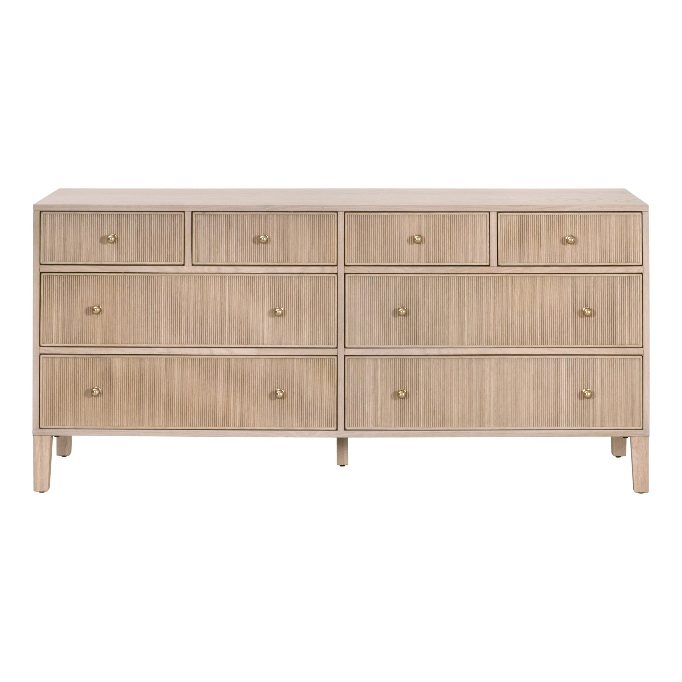 Essentials For Living Highland 8-drawer double dresser in natural oak with fluted fronts and brass-finish knobs