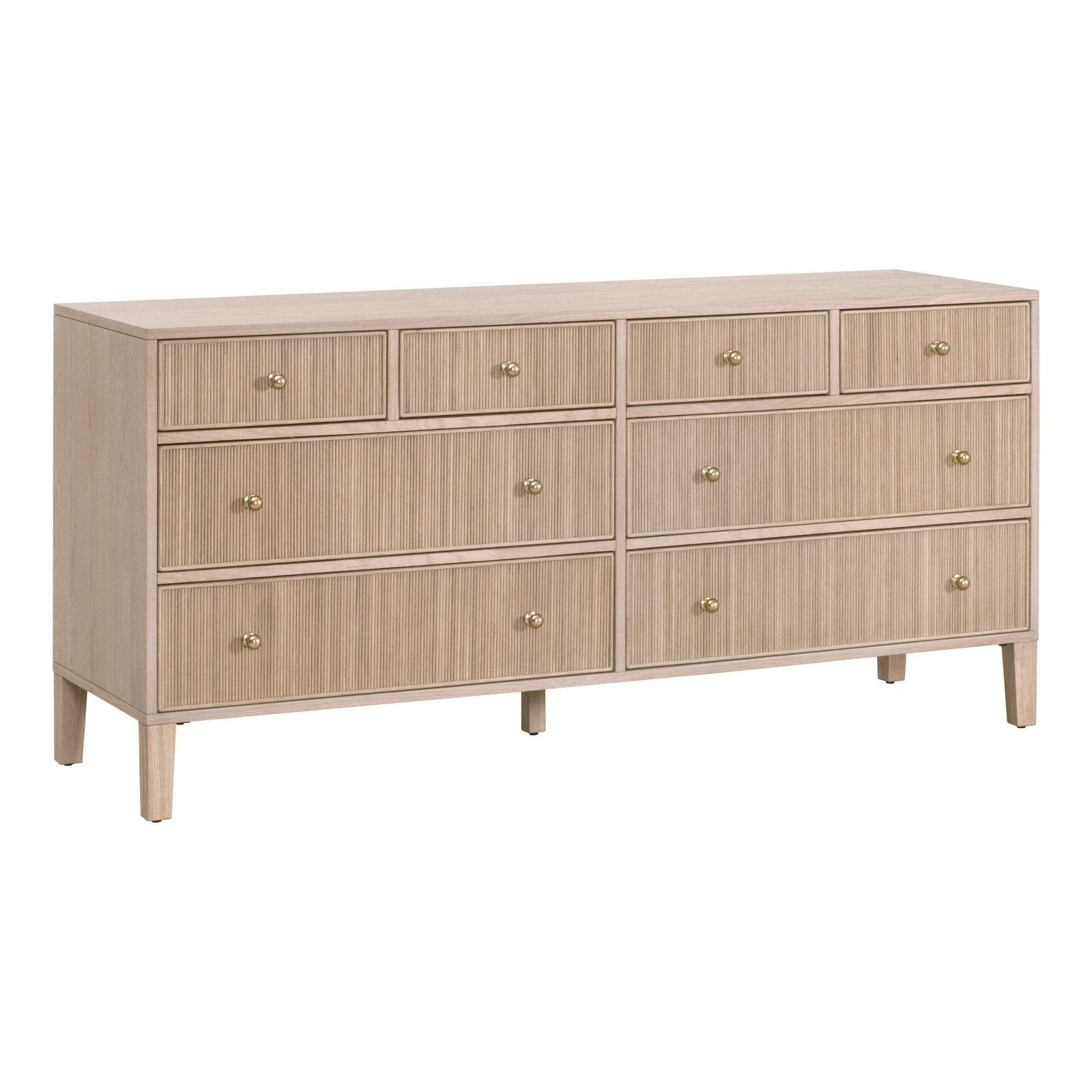 Essentials for Living Highland double dresser in natural oak with eight drawers and polished brass iron knobs