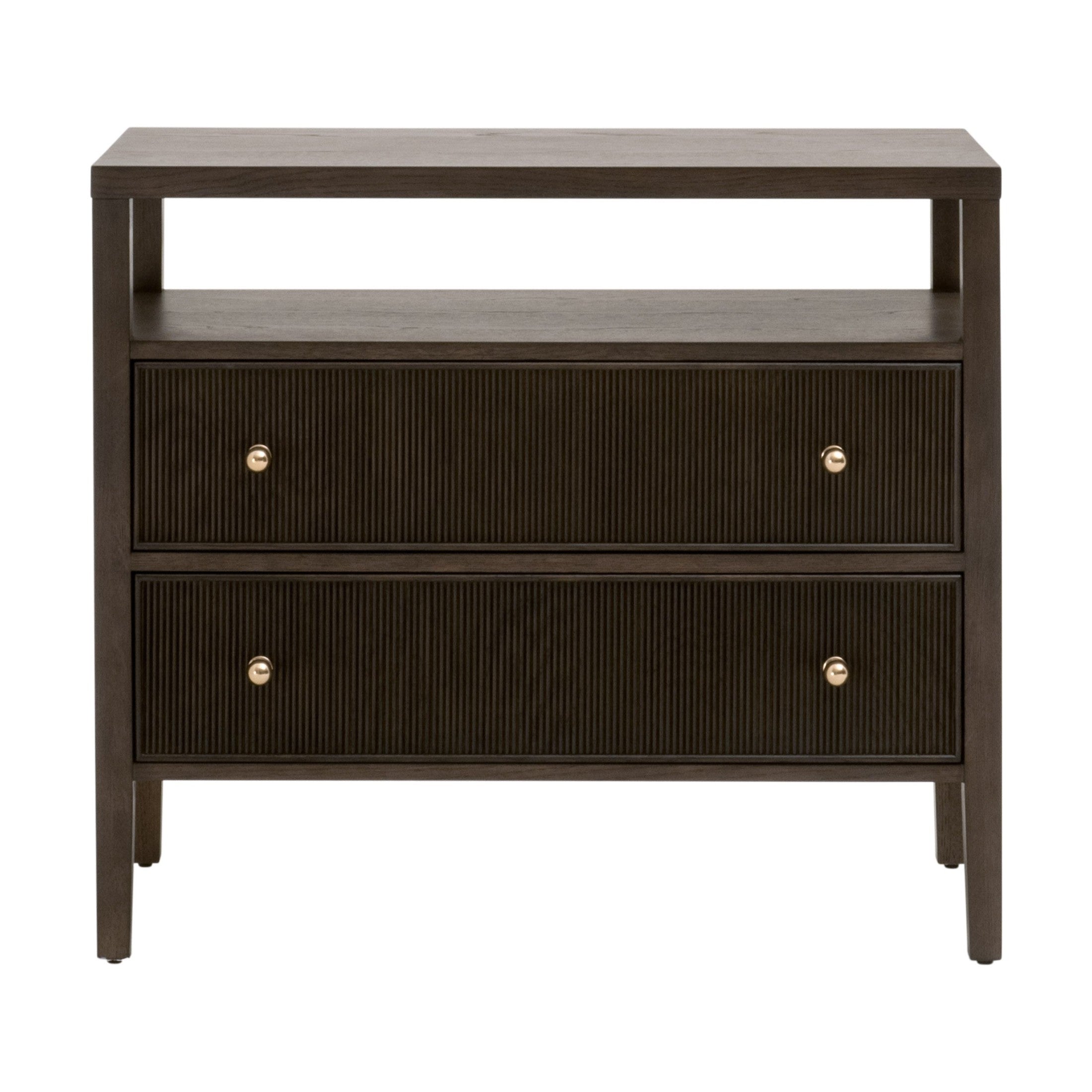 Essentials for Living Highland nightstand in Dutch Brown Oak with two fluted front drawers and open shelf storage