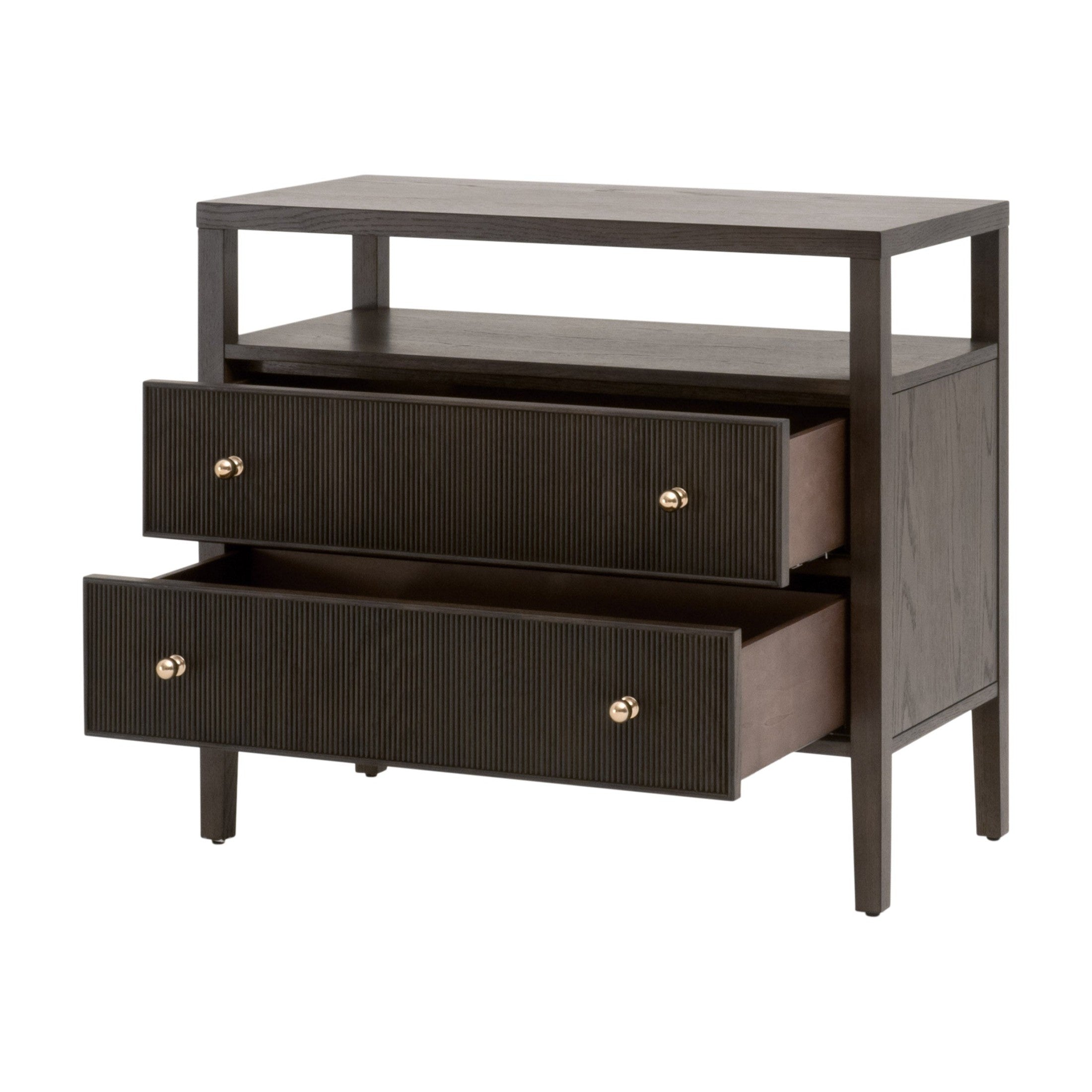 Highland Open Shelf 2-Drawer Nightstand in Dutch Brown Oak with fluted drawer fronts and polished brass knobs by Essentials For Living