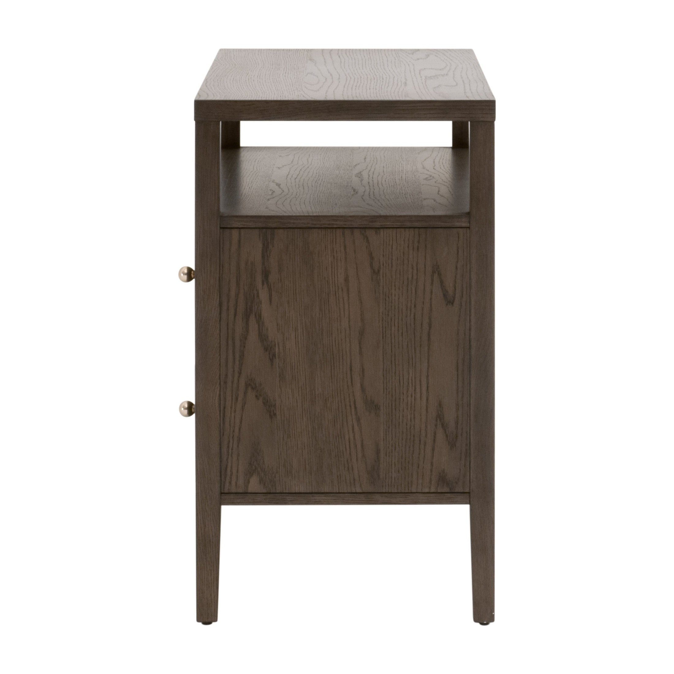 Solid oak Highland nightstand with two fluted drawers, polished brass knobs, and an open lower shelf in Dutch Brown Oak finish
