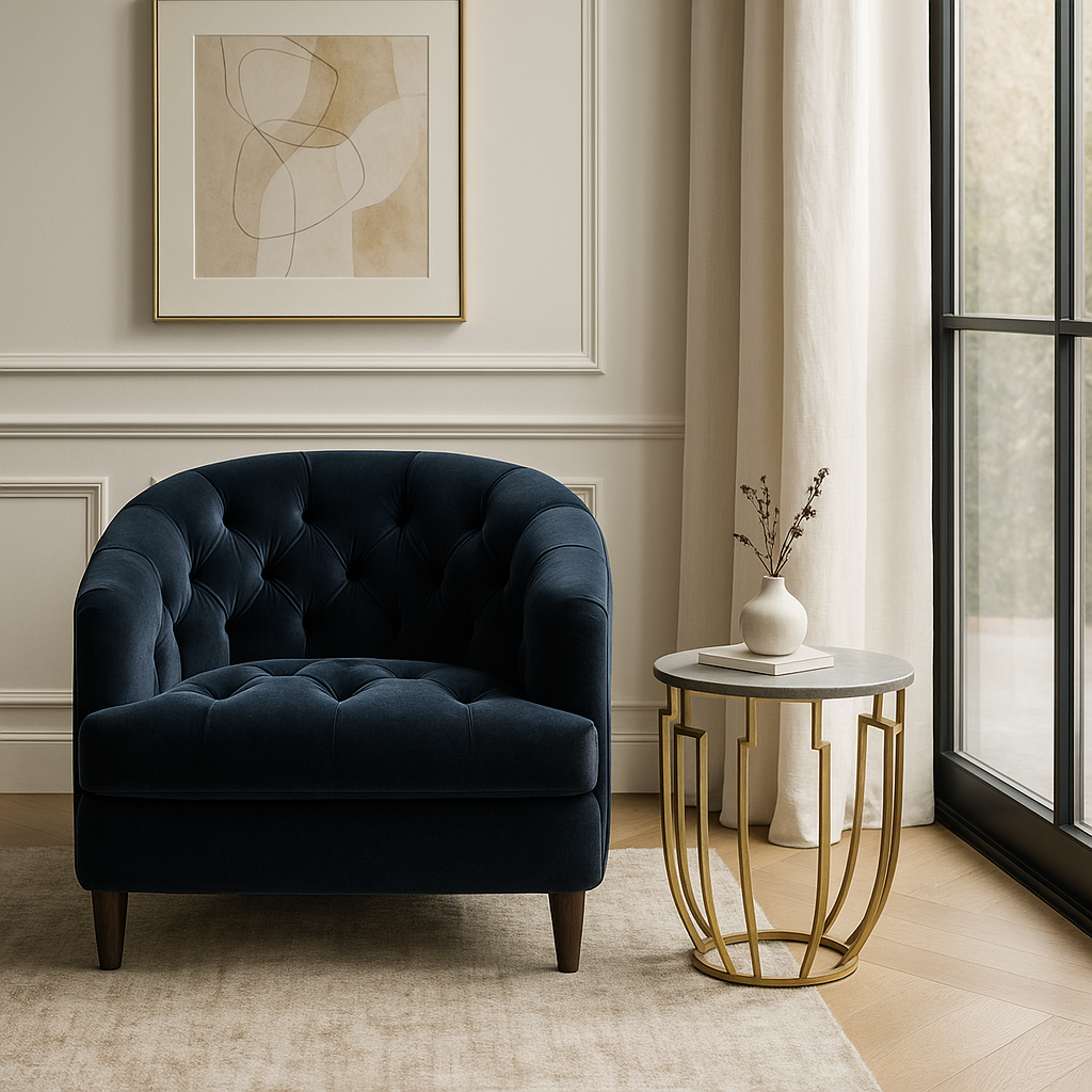 Hogan Occasional Table with white marble top and polished brass base beside navy chair in modern room GO HOME