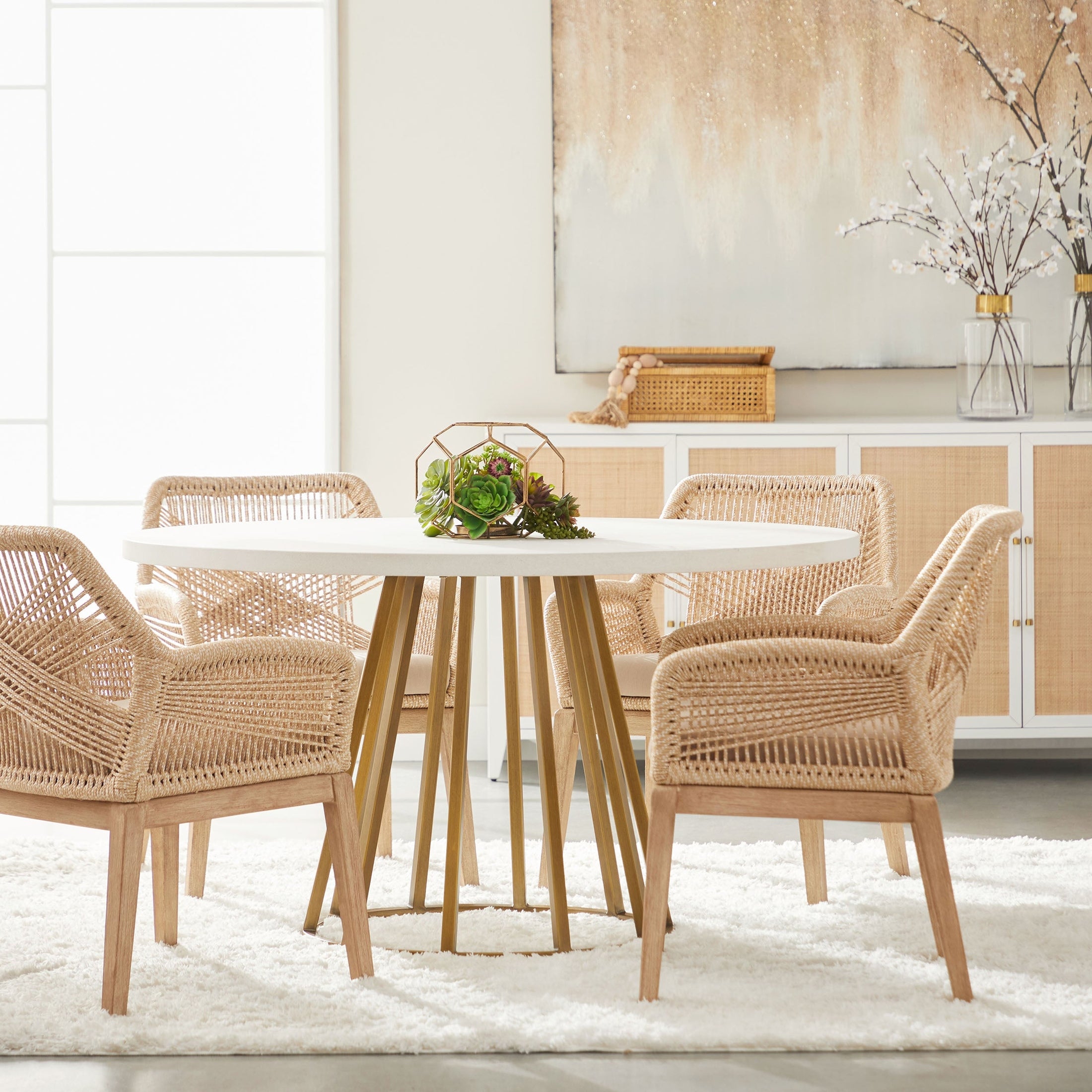 Holland Media Sideboard with matte white and natural rattan design in dining room by Essentials For Living