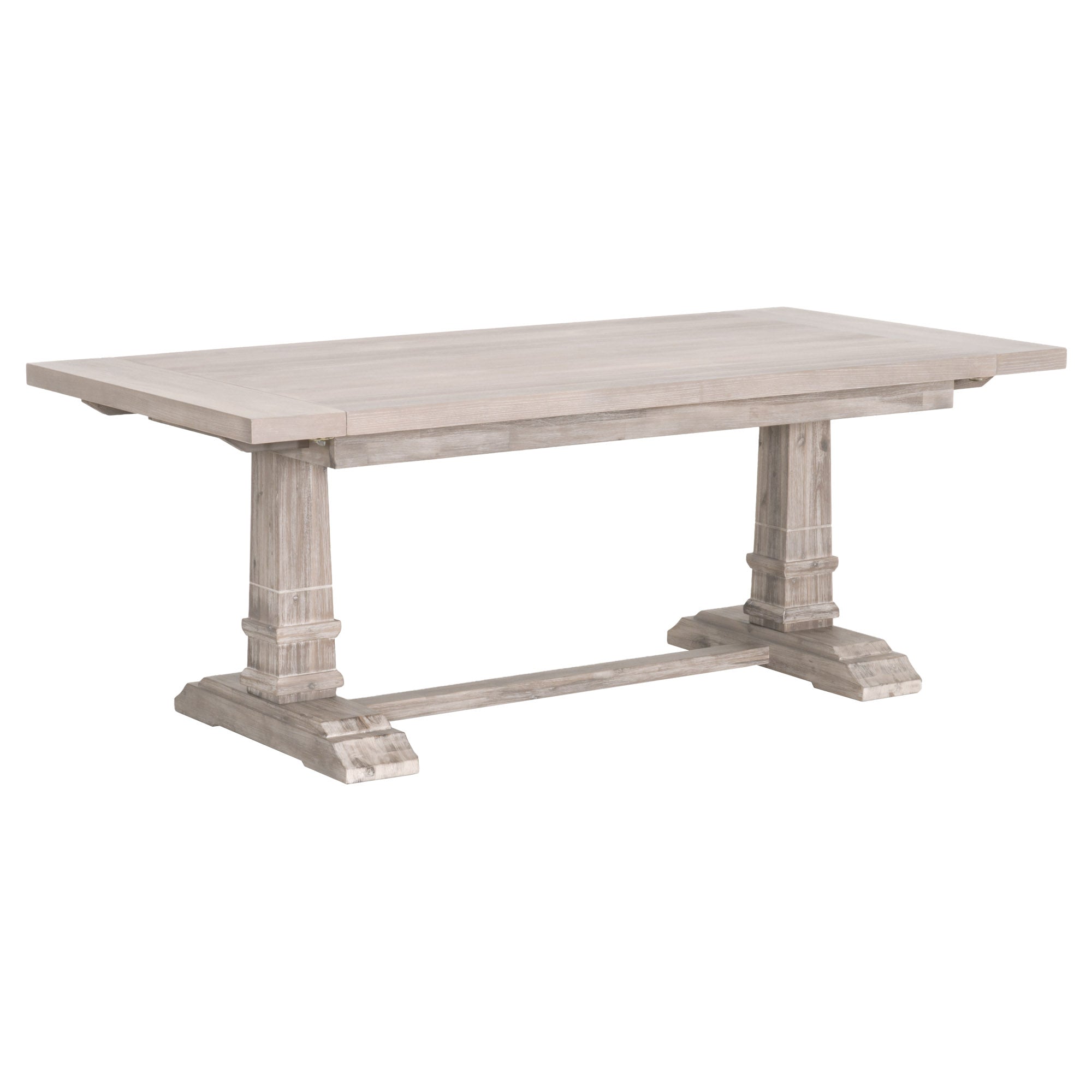 Hudson Extension Dining Table in natural gray acacia wood with trestle base, expandable design by Essentials for Living.