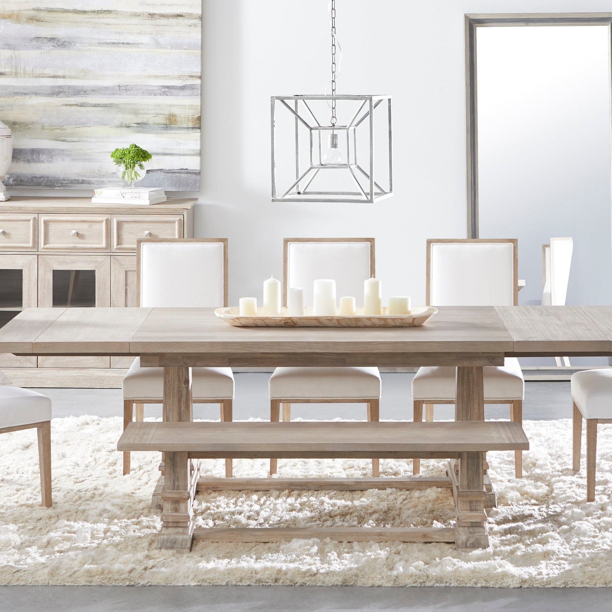 Hudson Extension Dining Table in natural gray acacia wood with trestle base and bench seating, Essentials for Living.