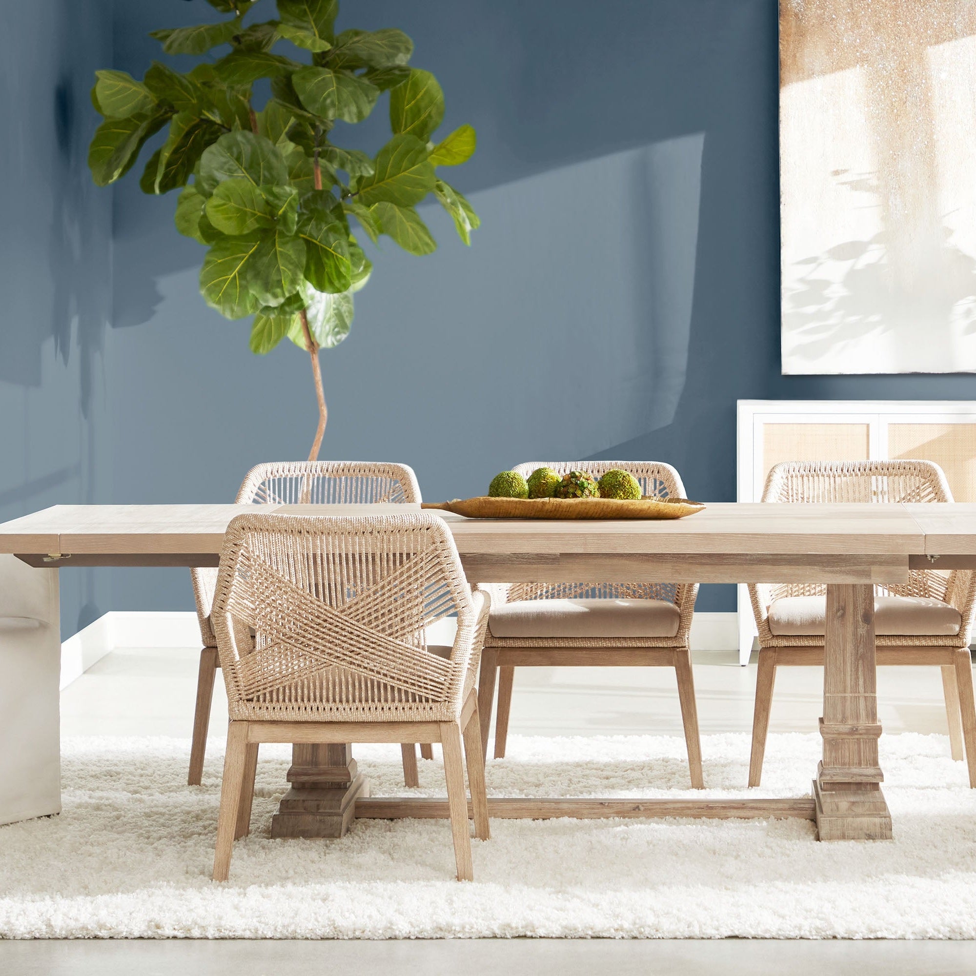 Hudson Extension Dining Table in natural gray acacia wood with trestle base in modern rustic room by Essentials For Living