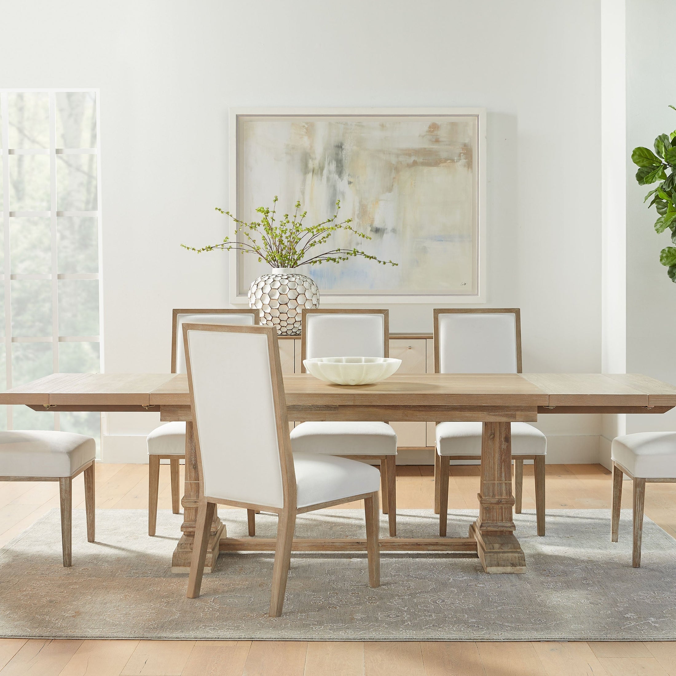 Hudson Extension Dining Table in natural gray acacia wood with trestle base and extension leaves by Essentials for Living