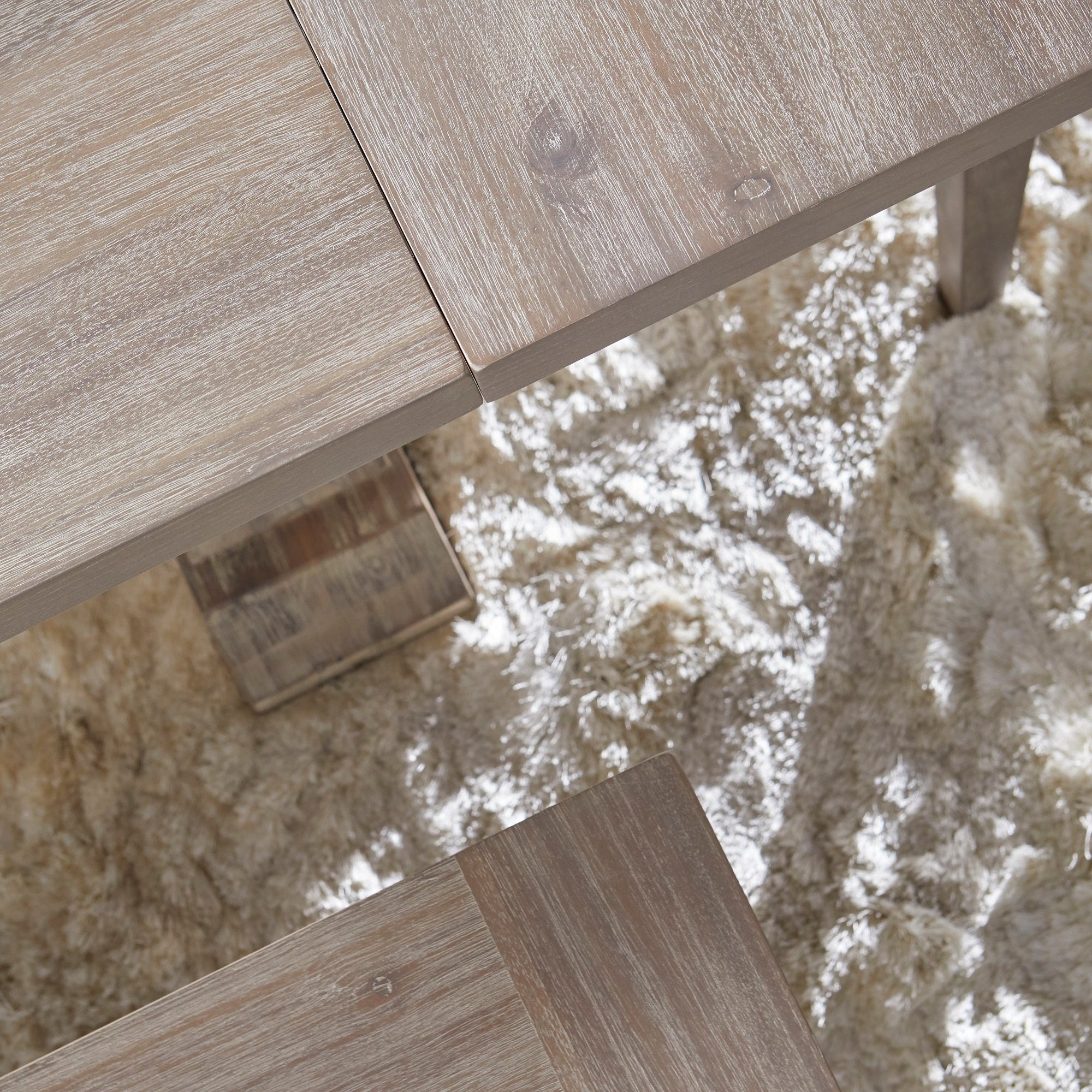 Top view of Hudson Large Dining Bench in natural gray acacia wood with wire-brushed texture by Essentials for Living